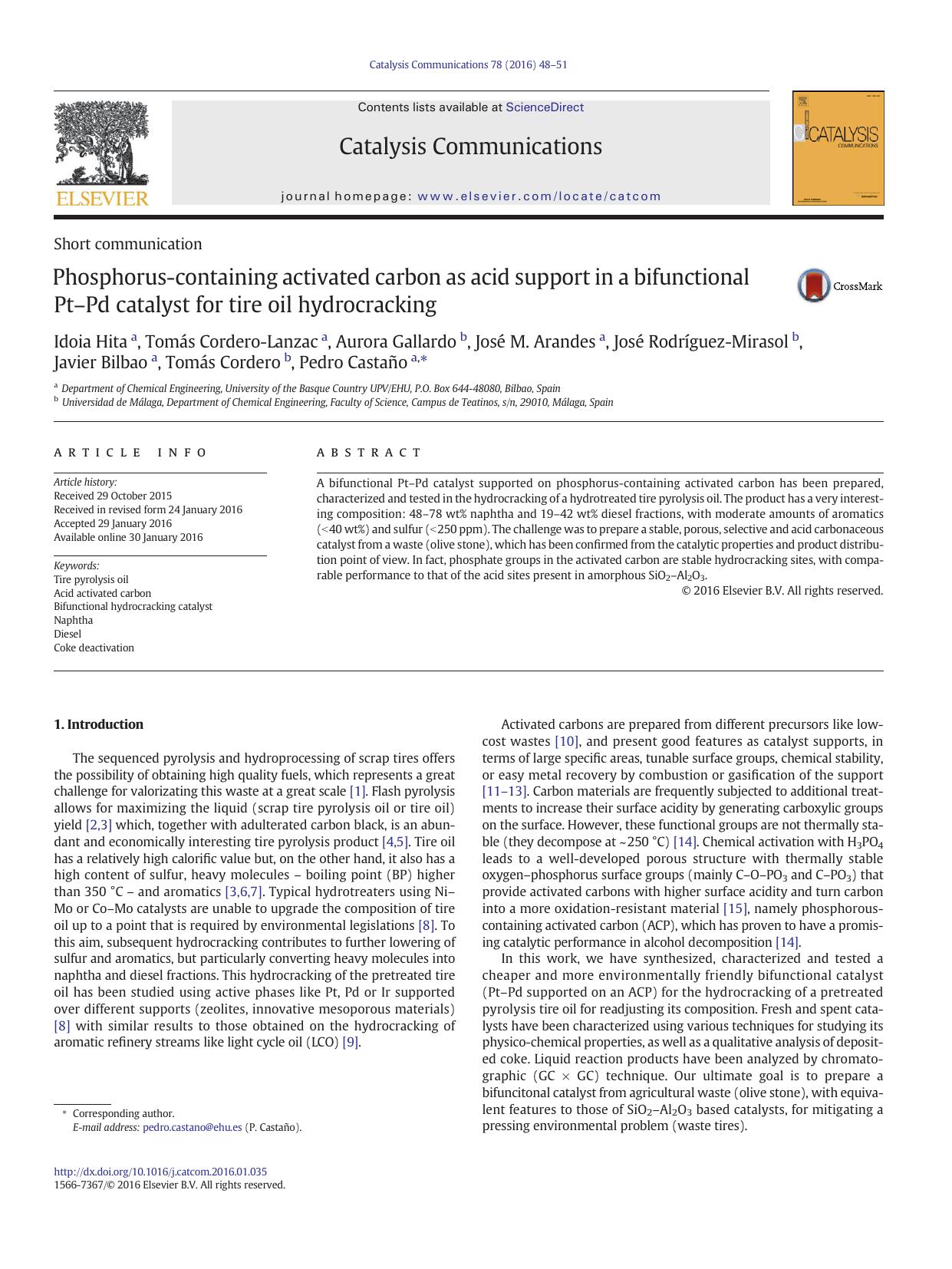 Phosphorus-containing activated carbon as acid support in a bifunctional PtâPd catalyst for tire oil hydrocracking by unknow