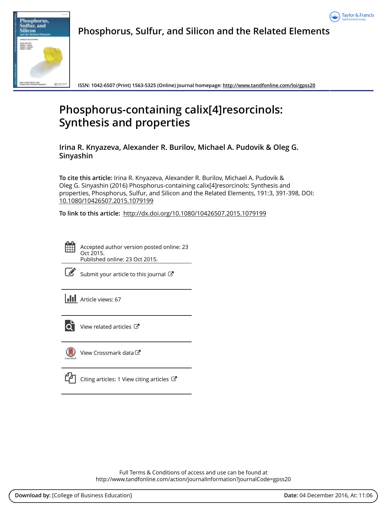 Phosphorus-containing calix[4]resorcinols: Synthesis and properties by Irina R. Knyazeva & Alexander R. Burilov & Michael A. Pudovik & Oleg G. Sinyashin