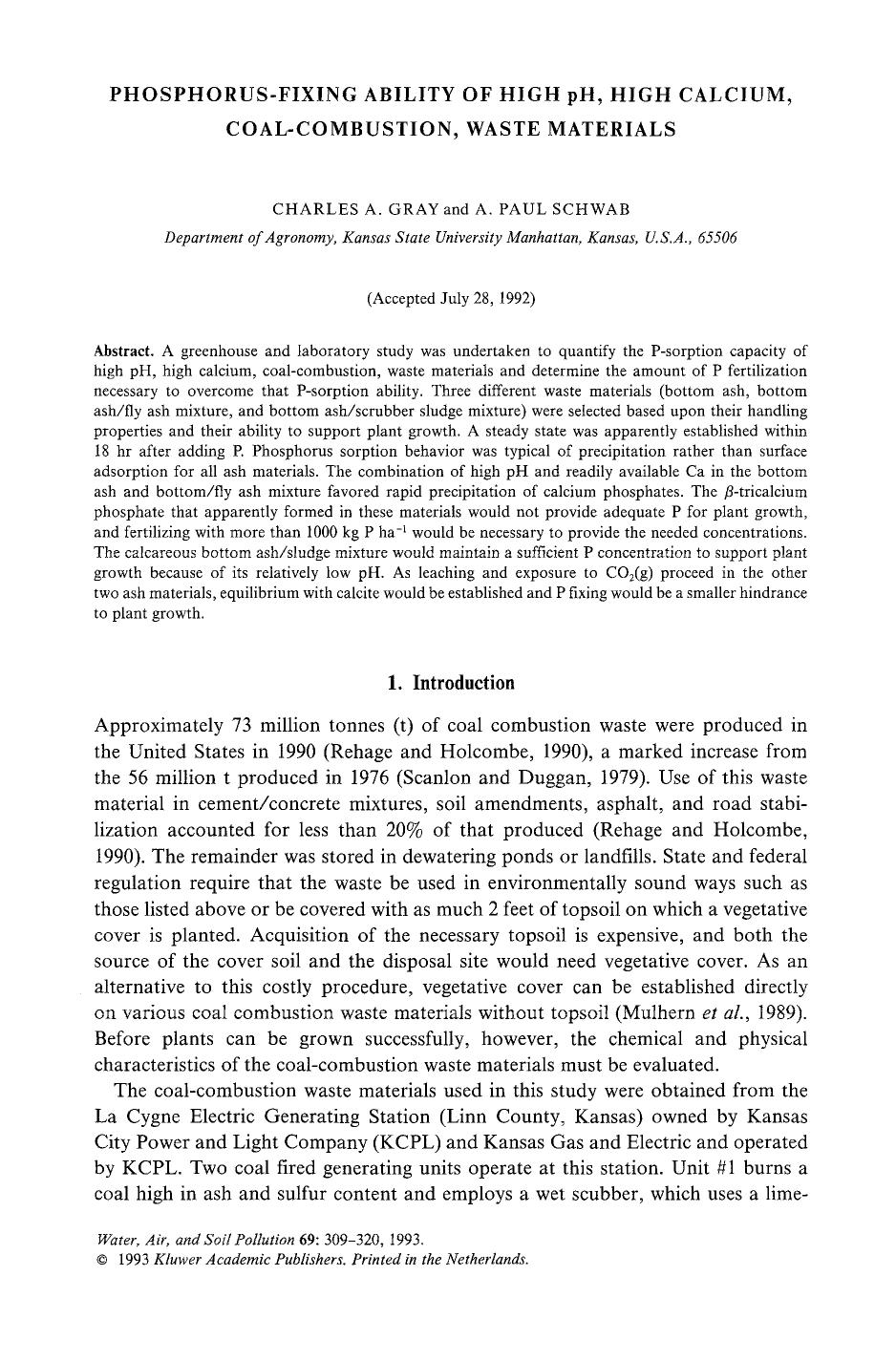 Phosphorus-fixing ability of high ph, high calcium, coal-combustion, waste materials by Unknown