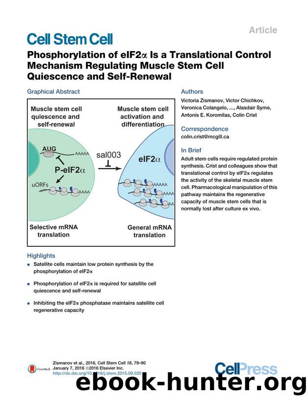 Phosphorylation of eIF2&alpha; Is a Translational Control Mechanism Regulating Muscle Stem Cell Quiescence and Self-Renewal by unknow