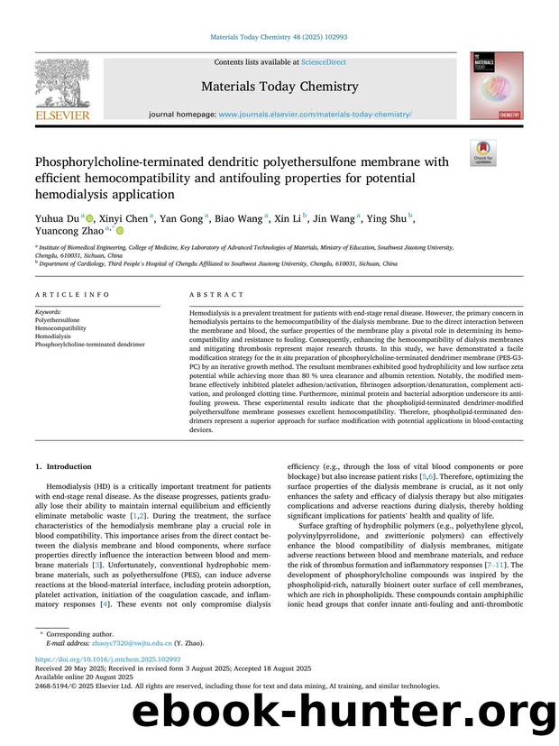Phosphorylcholine-terminated dendritic polyethersulfone membrane with efficient hemocompatibility and antifouling properties for potential hemodialysis application by Yuhua Du & Xinyi Chen & Yan Gong & Biao Wang & Xin Li & Jin Wang & Ying Shu & Yuancong Zhao