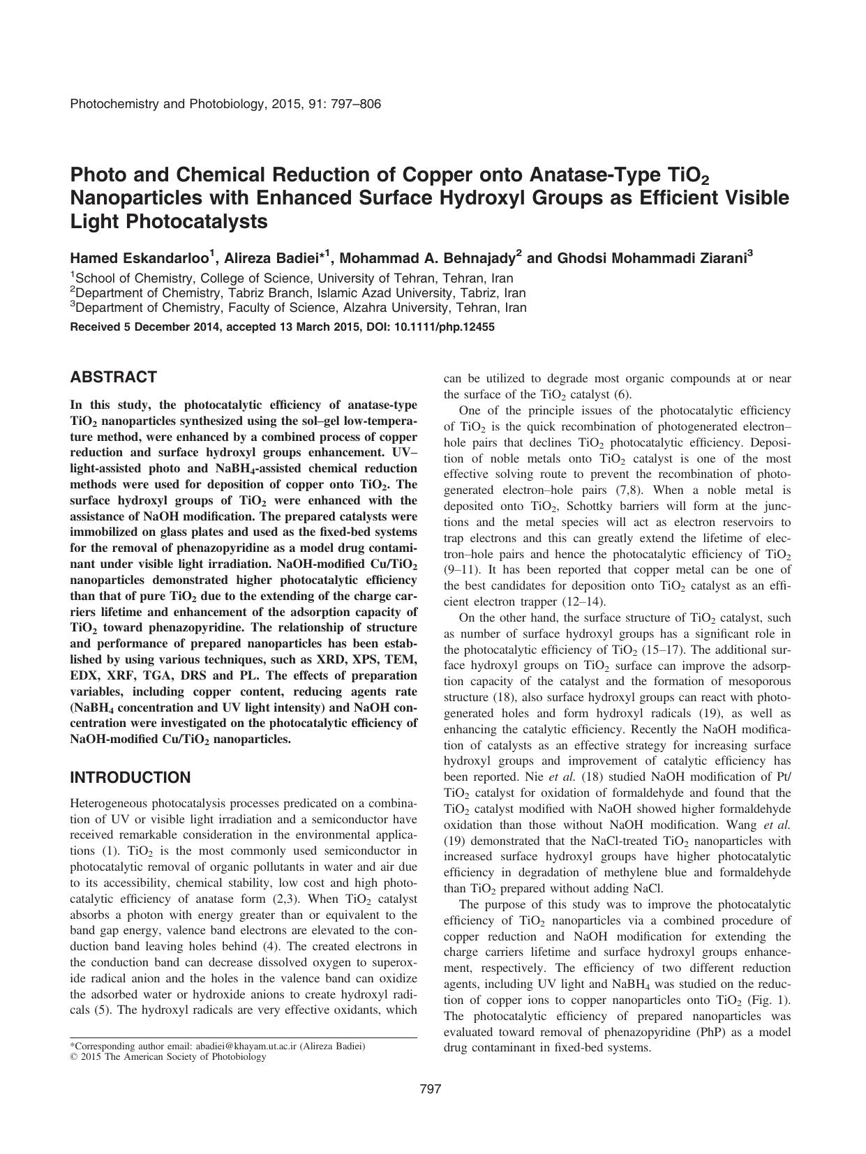 Photo and Chemical Reduction of Copper onto Anatase&#x2010;Type TiO2 Nanoparticles with Enhanced Surface Hydroxyl Groups as Efficient Visible Light Photocatalysts by Unknown