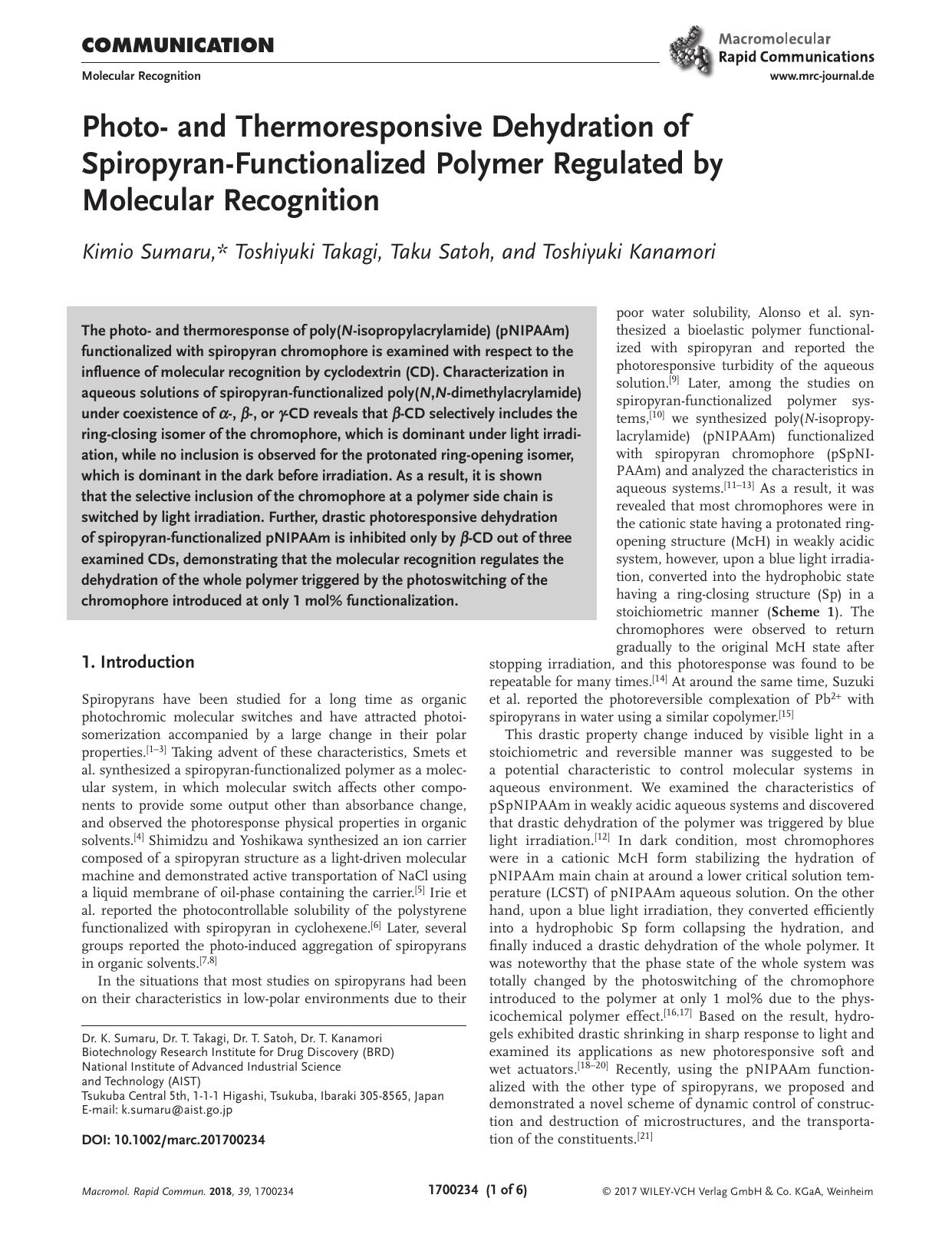 Photo&#x02010; and Thermoresponsive Dehydration of Spiropyran&#x02010;Functionalized Polymer Regulated by Molecular Recognition by Unknown