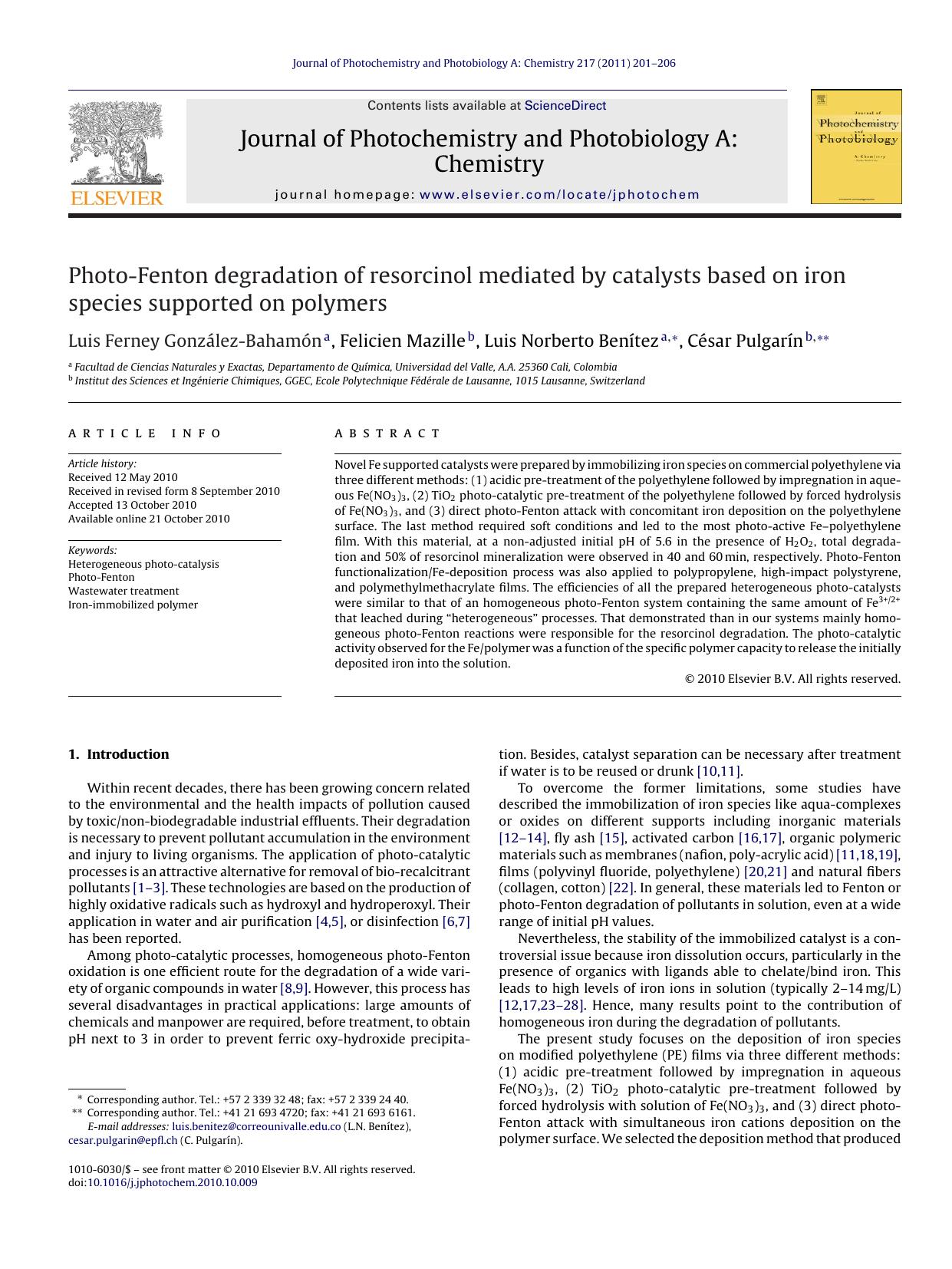 Photo-Fenton degradation of resorcinol mediated by catalysts based on iron species supported on polymers by Luis Ferney GonzÃ¡lez-BahamÃ³n