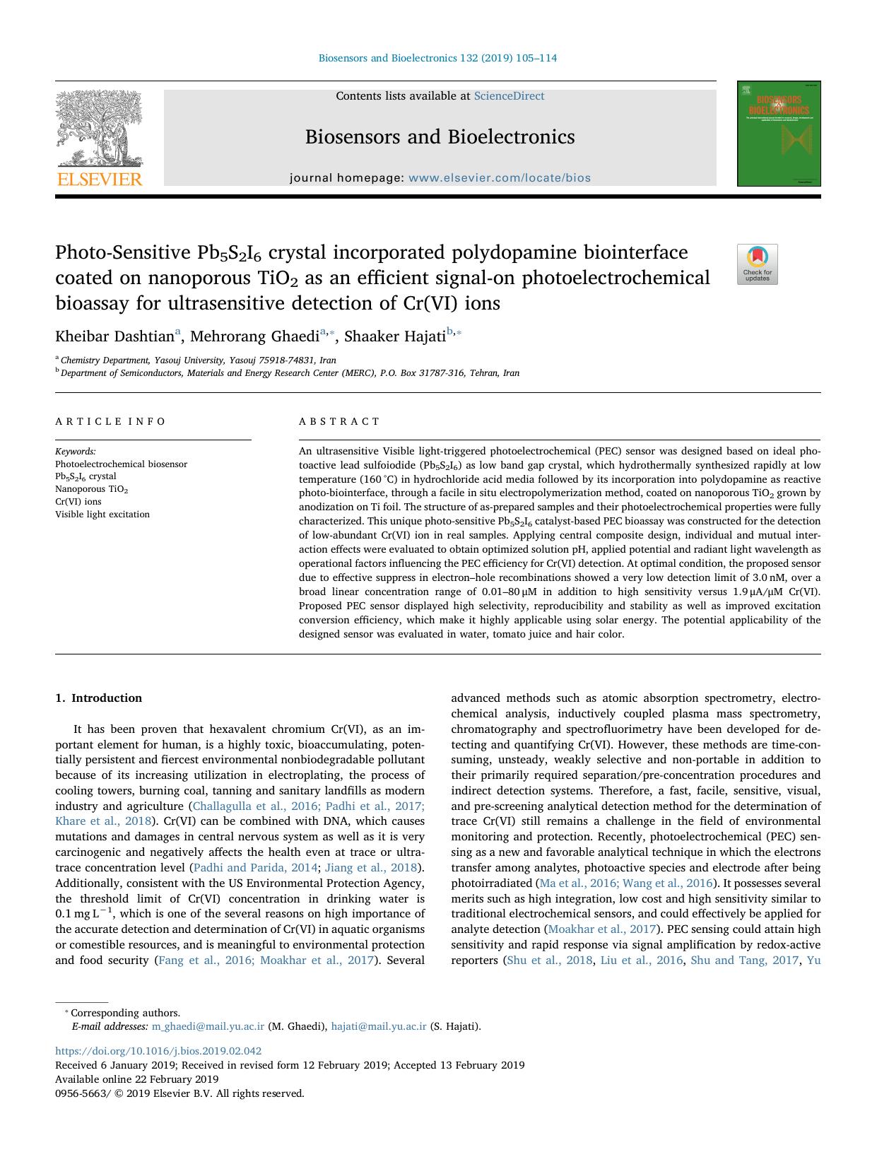 Photo-Sensitive Pb5S2I6 crystal incorporated polydopamine biointerface coated on nanoporous TiO2 as an efficient signal-on photoelectrochemical bioassay for ultrasensitive detection of Cr(VI) ions by Kheibar Dashtian & Mehrorang Ghaedi & Shaaker Hajati