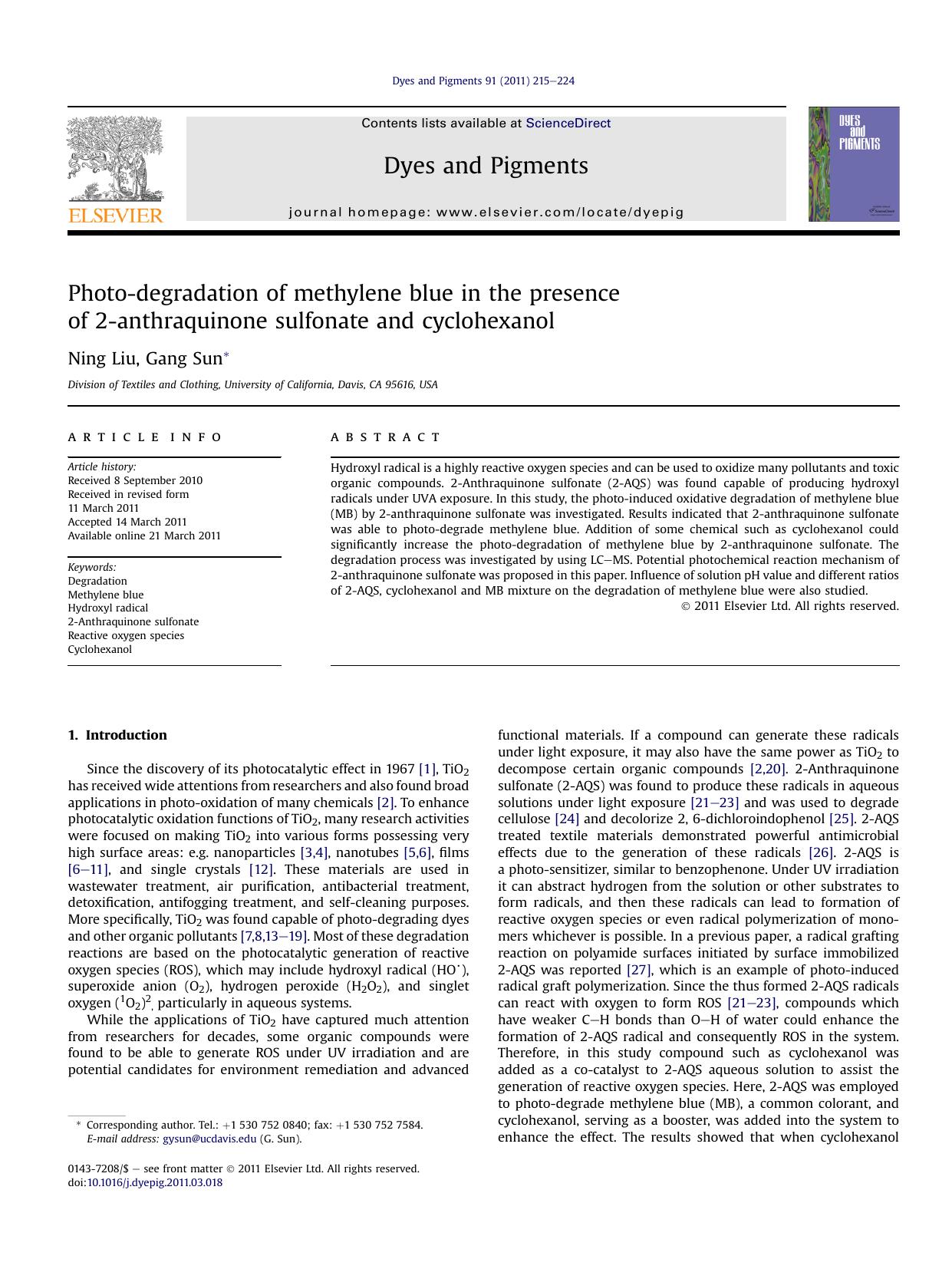 Photo-degradation of methylene blue in the presence of 2-anthraquinone sulfonate and cyclohexanol by Ning Liu & Gang Sun