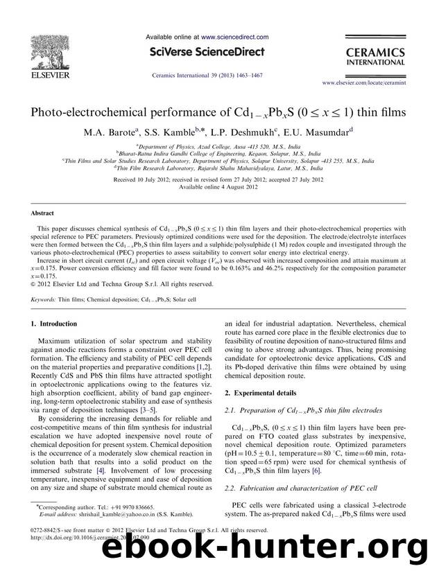 Photo-electrochemical performance of Cd1âxPbxS (0â¤xâ¤1) thin films by M.A. Barote & S.S. Kamble & L.P. Deshmukh & E.U. Masumdar