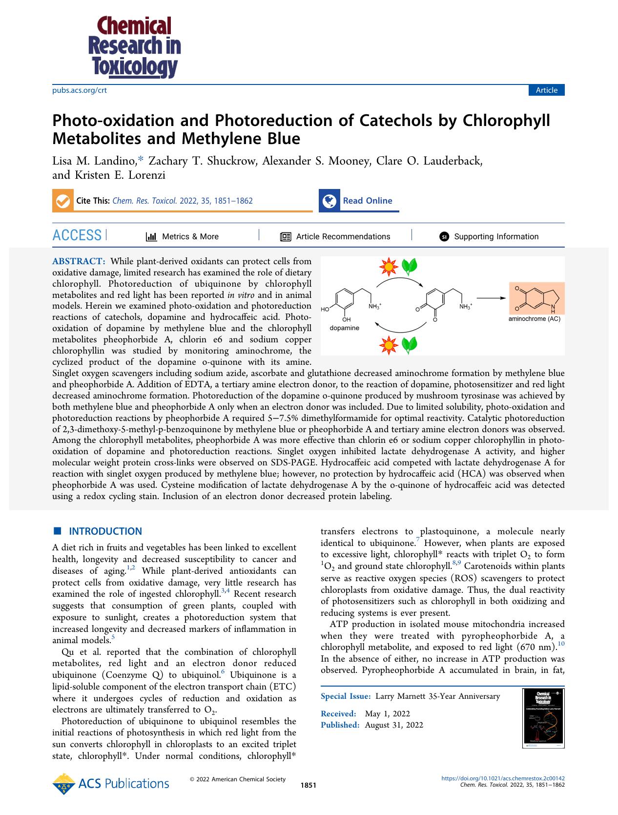 Photo-oxidation and Photoreduction of Catechols by Chlorophyll Metabolites and Methylene Blue by unknow