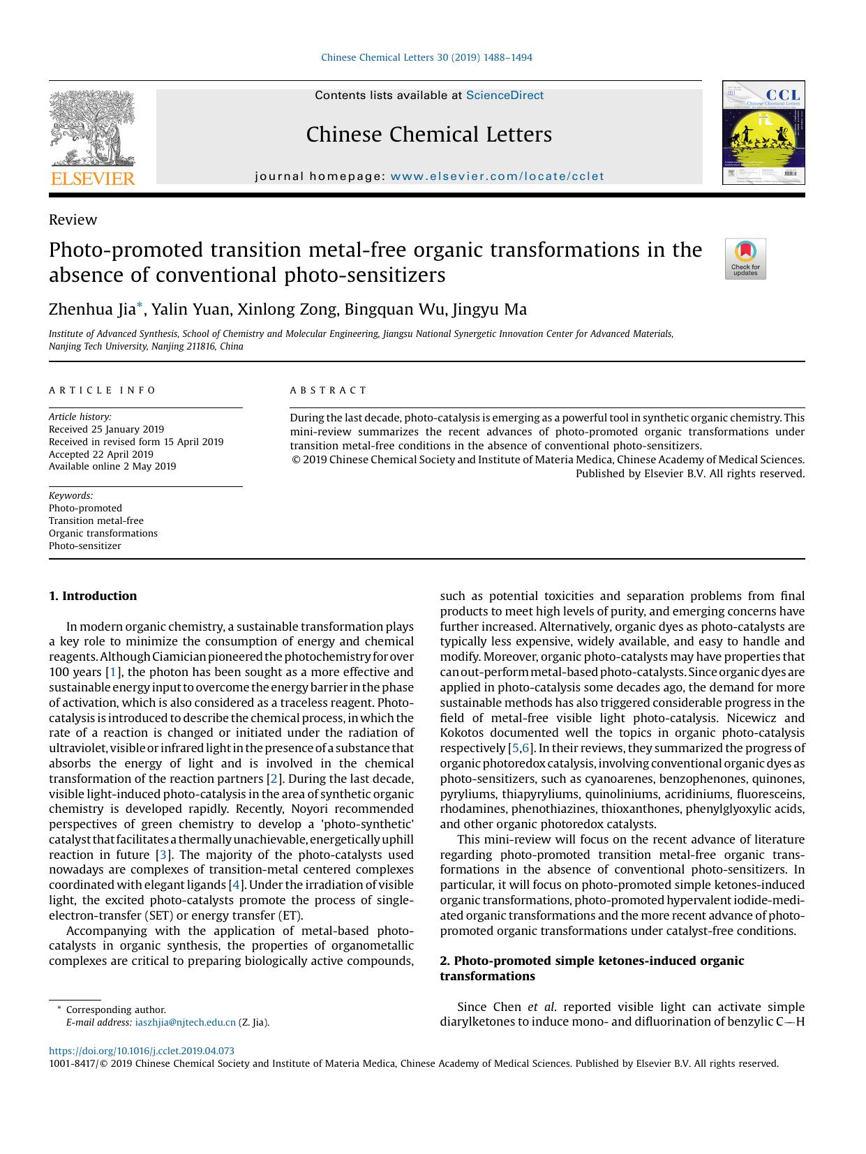 Photo-promoted transition metal-free organic transformations in the absence of conventional photo-sensitizers by Zhenhua Jia
