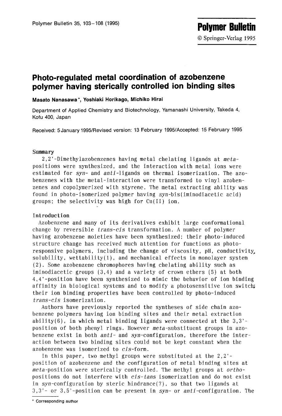 Photo-regulated metal coordination of azobenzene polymer having sterically controlled ion binding sites by Unknown