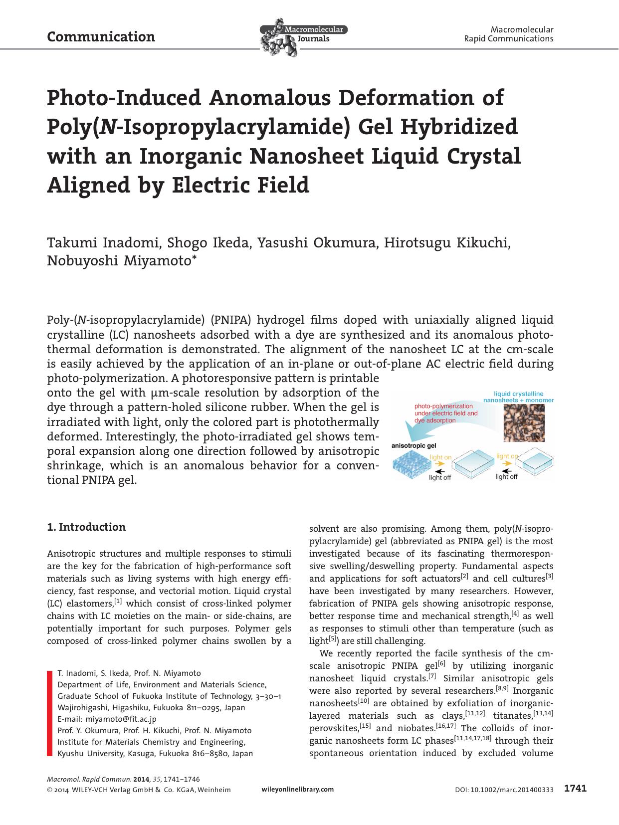 PhotoInduced Anomalous Deformation of Poly(NIsopropylacrylamide) Gel Hybridized with an Inorganic Nanosheet Liquid Crystal Aligned by Electric Field by processteam