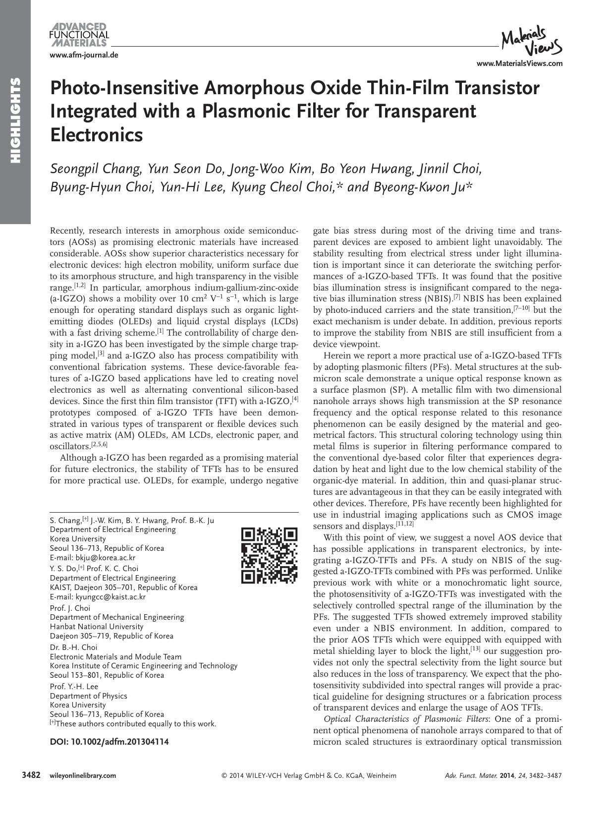 PhotoInsensitive Amorphous Oxide ThinFilm Transistor Integrated with a Plasmonic Filter for Transparent Electronics by processteam