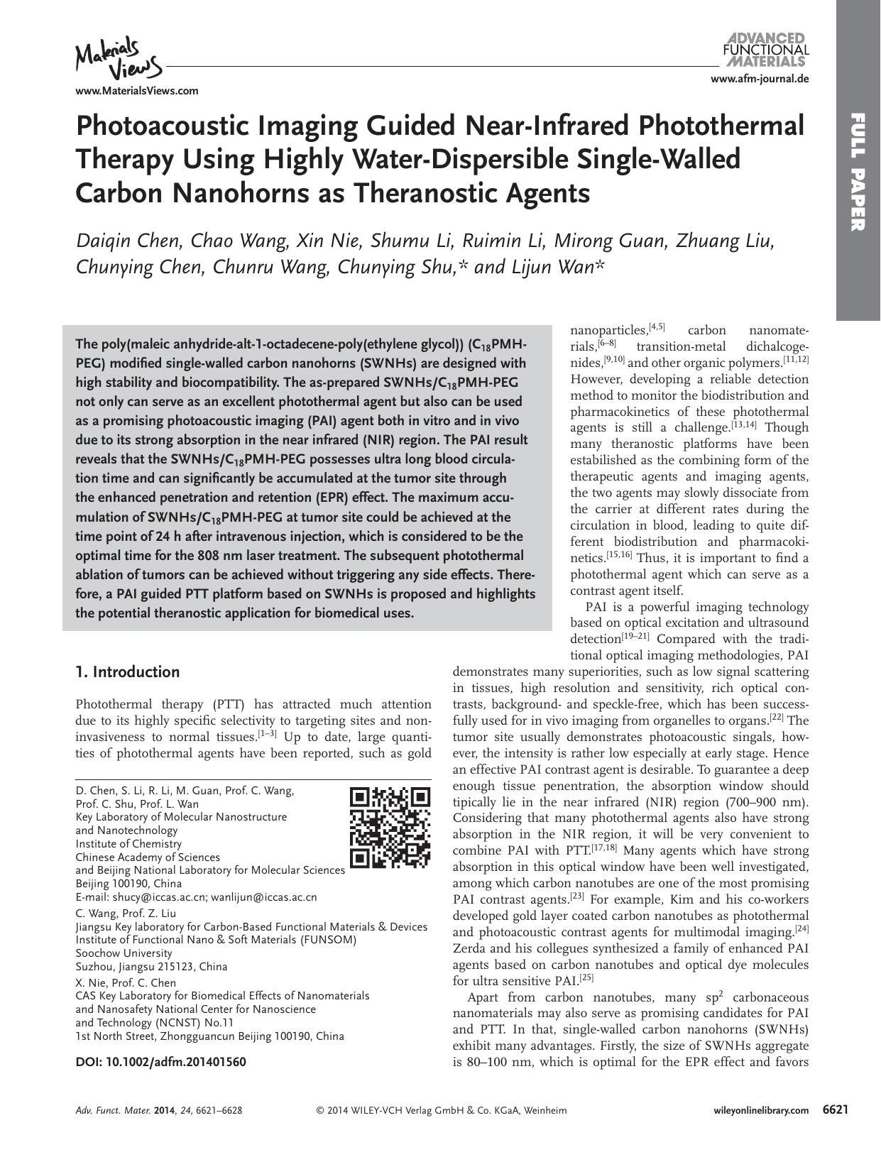 Photoacoustic Imaging Guided NearInfrared Photothermal Therapy Using Highly WaterDispersible SingleWalled Carbon Nanohorns as Theranostic Agents by processteam