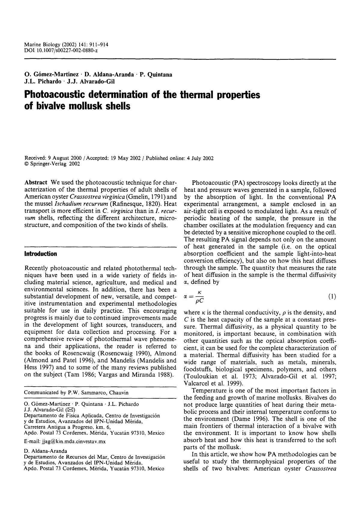 Photoacoustic determination of the thermal properties of bivalve mollusk shells by Unknown