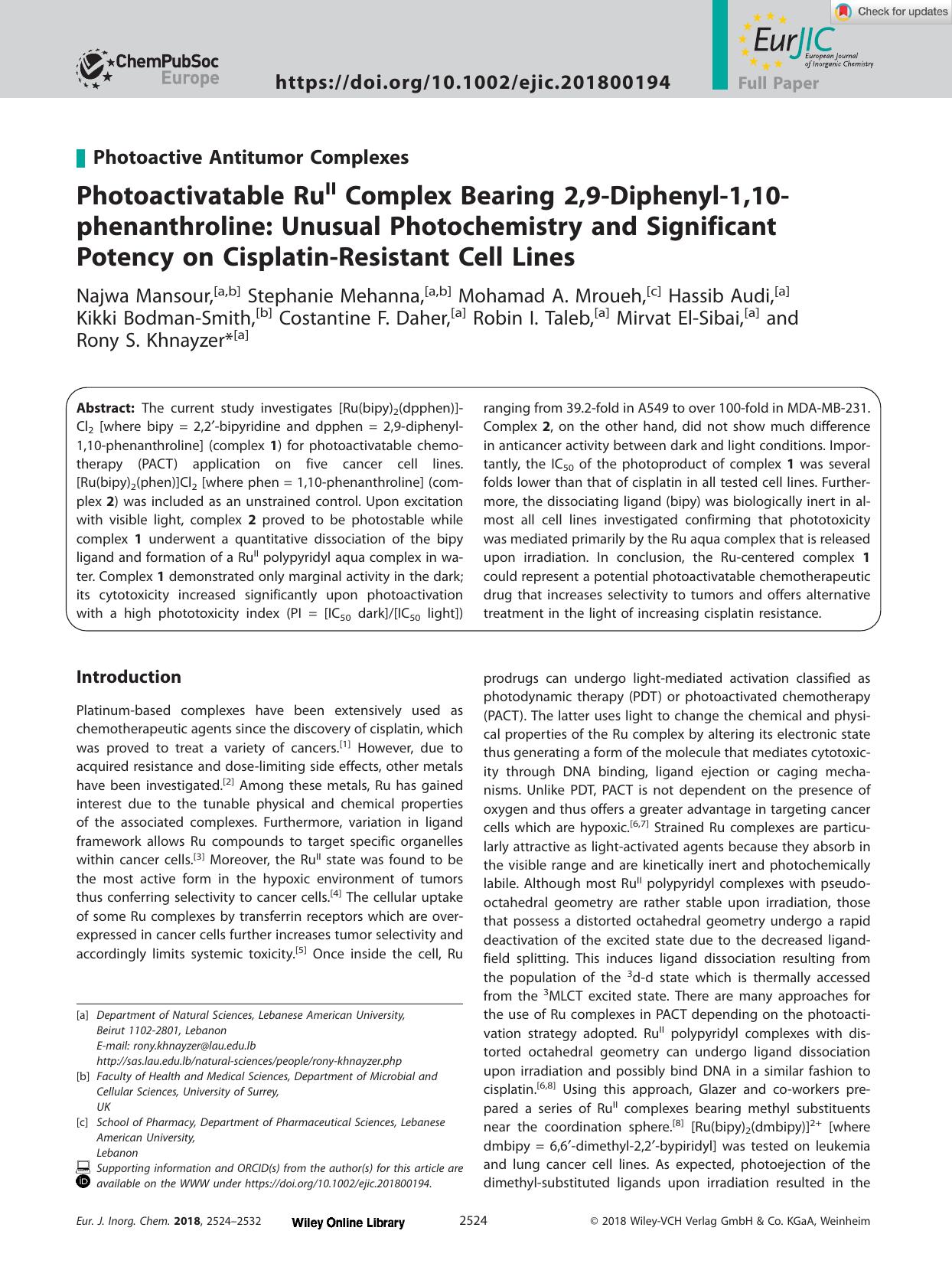 Photoactivatable RuII Complex Bearing 2,9âDiphenylâ1,10âphenanthroline: Unusual Photochemistry and Significant Potency on CisplatinâResistant Cell Lines by Unknown