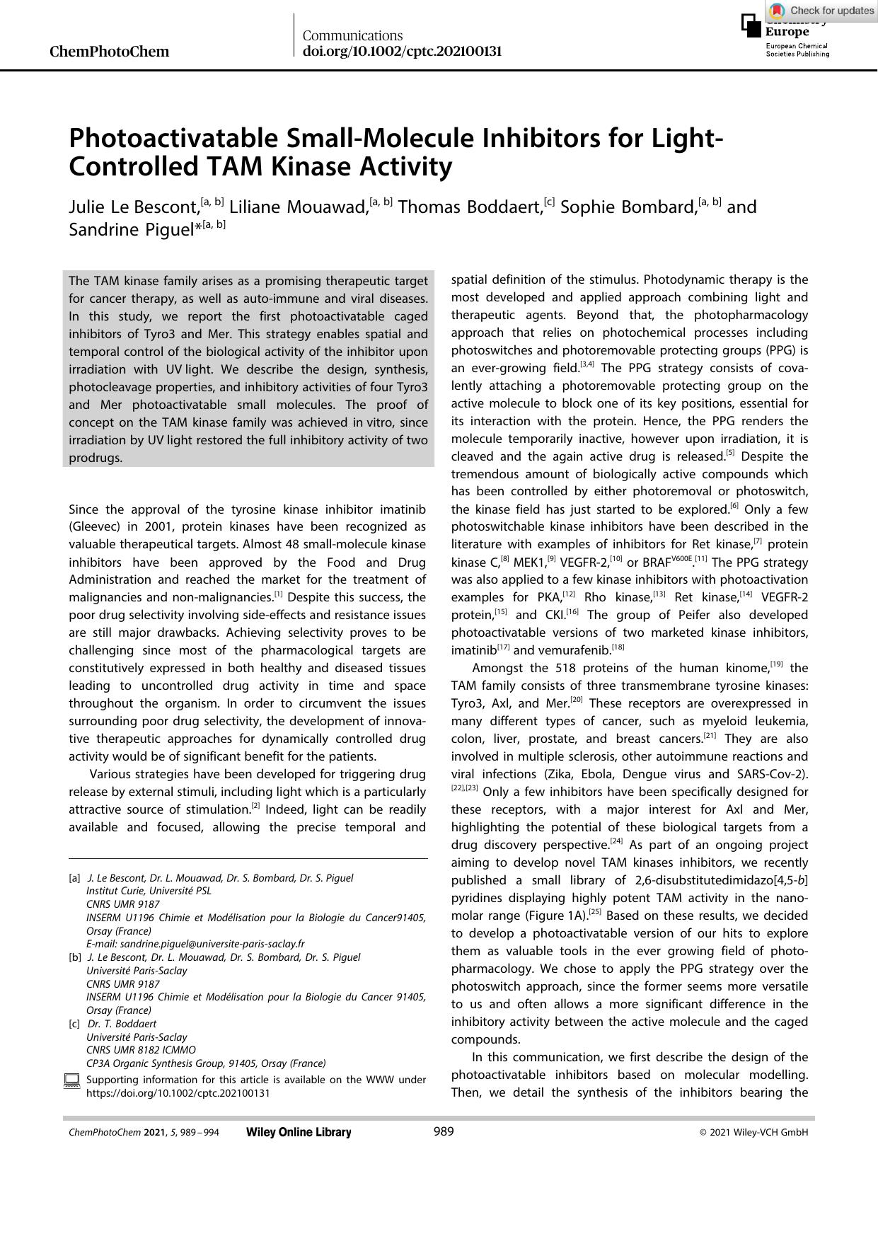 Photoactivatable SmallâMolecule Inhibitors for LightâControlled TAM Kinase Activity by Unknown