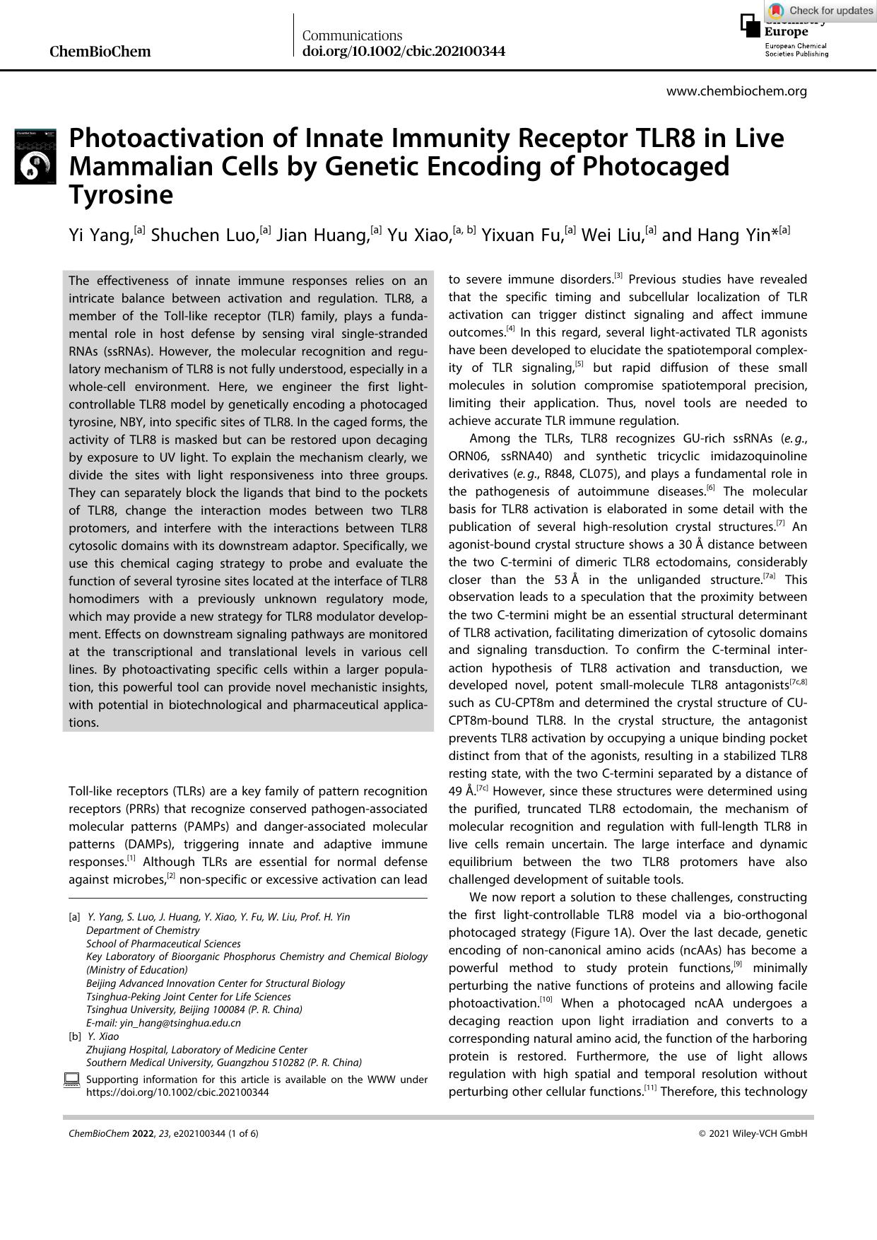 Photoactivation of Innate Immunity Receptor TLR8 in Live Mammalian Cells by Genetic Encoding of Photocaged Tyrosine by Unknown
