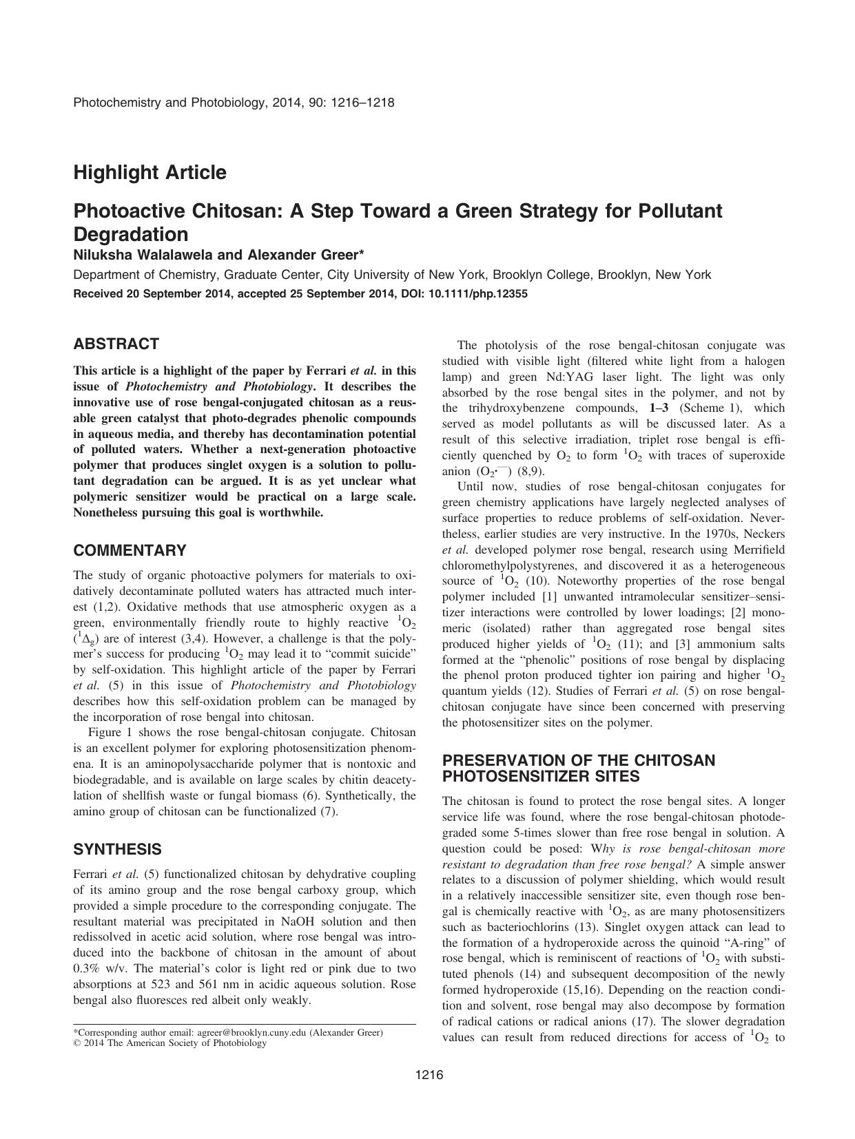 Photoactive Chitosan: A Step Toward a Green Strategy for Pollutant Degradation by Unknown