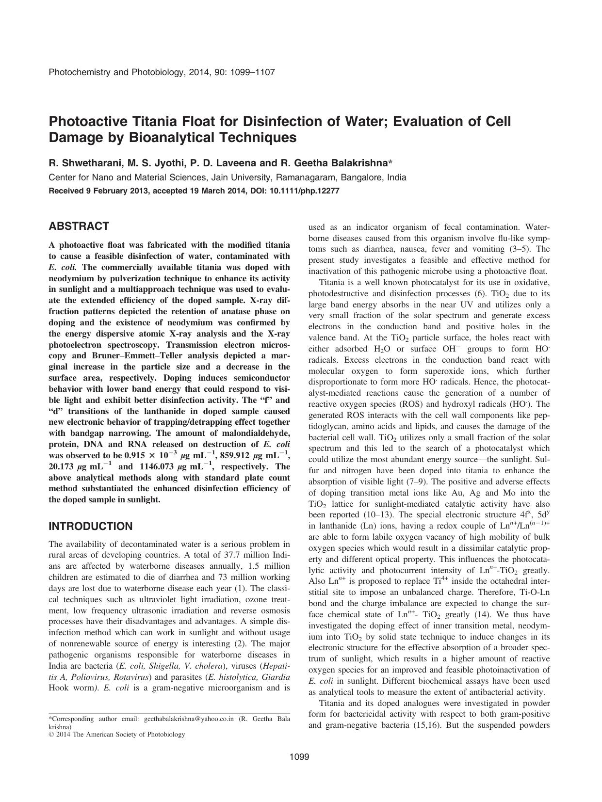 Photoactive Titania Float for Disinfection of Water; Evaluation of Cell Damage by Bioanalytical Techniques by Unknown