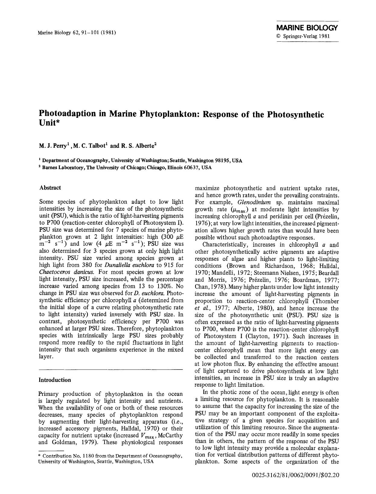 Photoadaption in marine phytoplankton: Response of the photosynthetic unit by Unknown