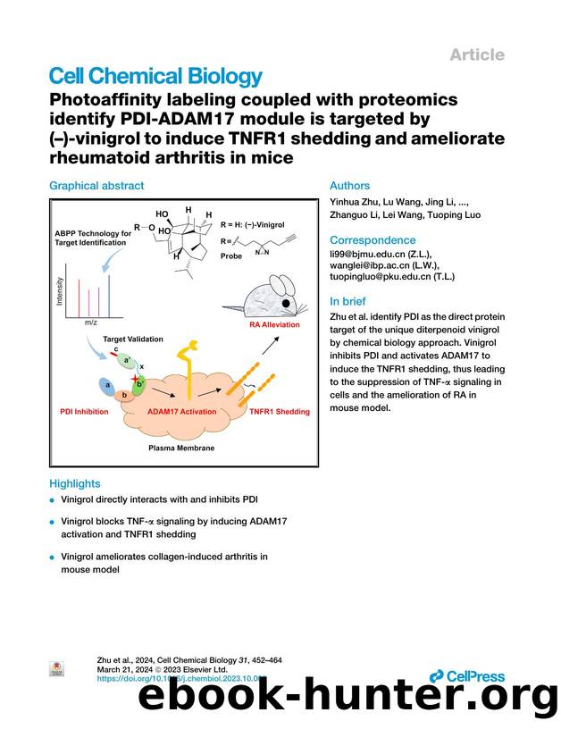 Photoaffinity labeling coupled with proteomics identify PDI-ADAM17 module is targeted by (-)-vinigrol to induce TNFR1 shedding and ameliorate rheumatoid arthritis in mice by unknow