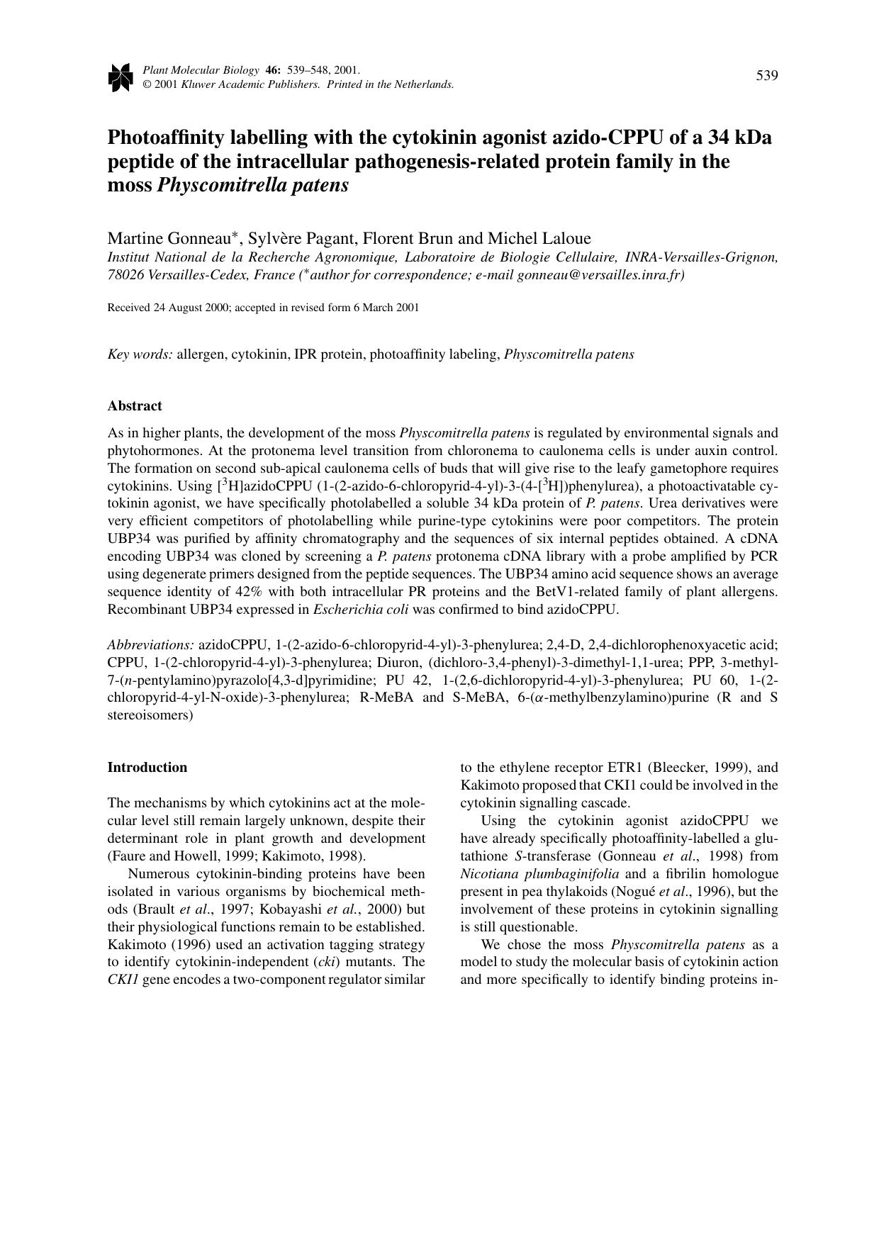 Photoaffinity labelling with the cytokinin agonist azido-CPPU of a 34 kDa peptide of the intracellular pathogenesis-related protein family in the moss Physcomitrella patens by Unknown
