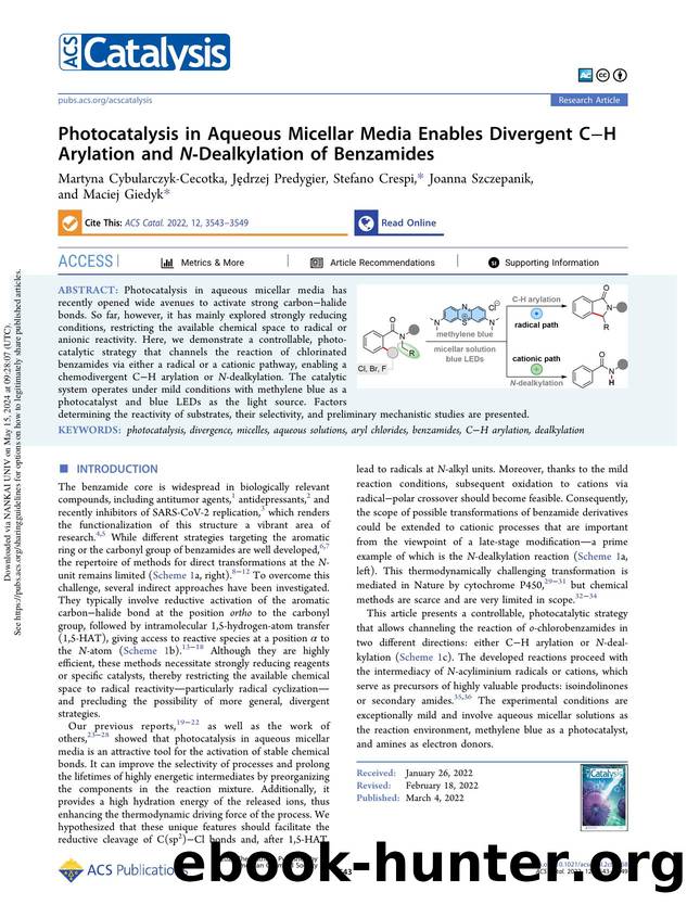 Photocatalysis in Aqueous Micellar Media Enables Divergent CâH Arylation and N-Dealkylation of Benzamides by Martyna Cybularczyk-Cecotka Jędrzej Predygier Stefano Crespi Joanna Szczepanik & Maciej Giedyk