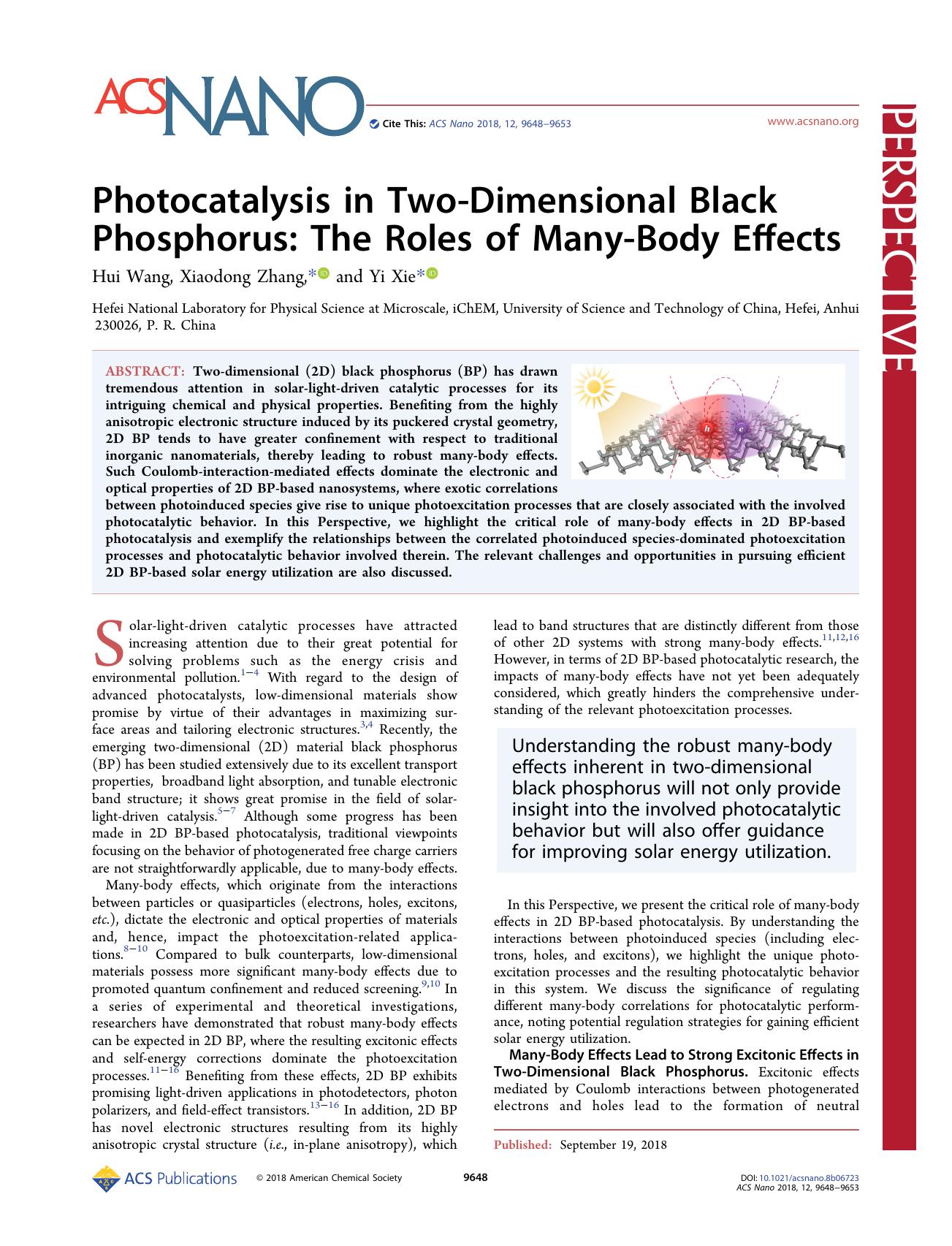 Photocatalysis in Two-Dimensional Black Phosphorus: The Roles of Many-Body Effects by Hui Wang Xiaodong Zhang and Yi Xie
