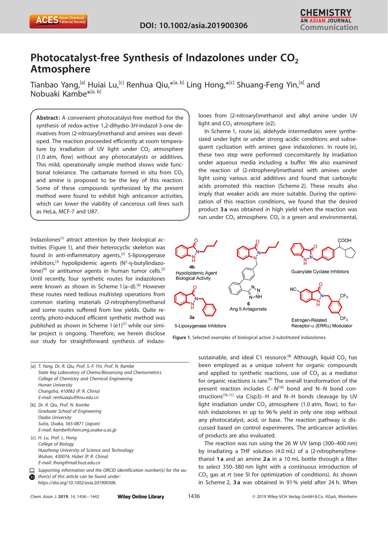 Photocatalystâfree Synthesis of Indazolones under CO2 Atmosphere by Unknown