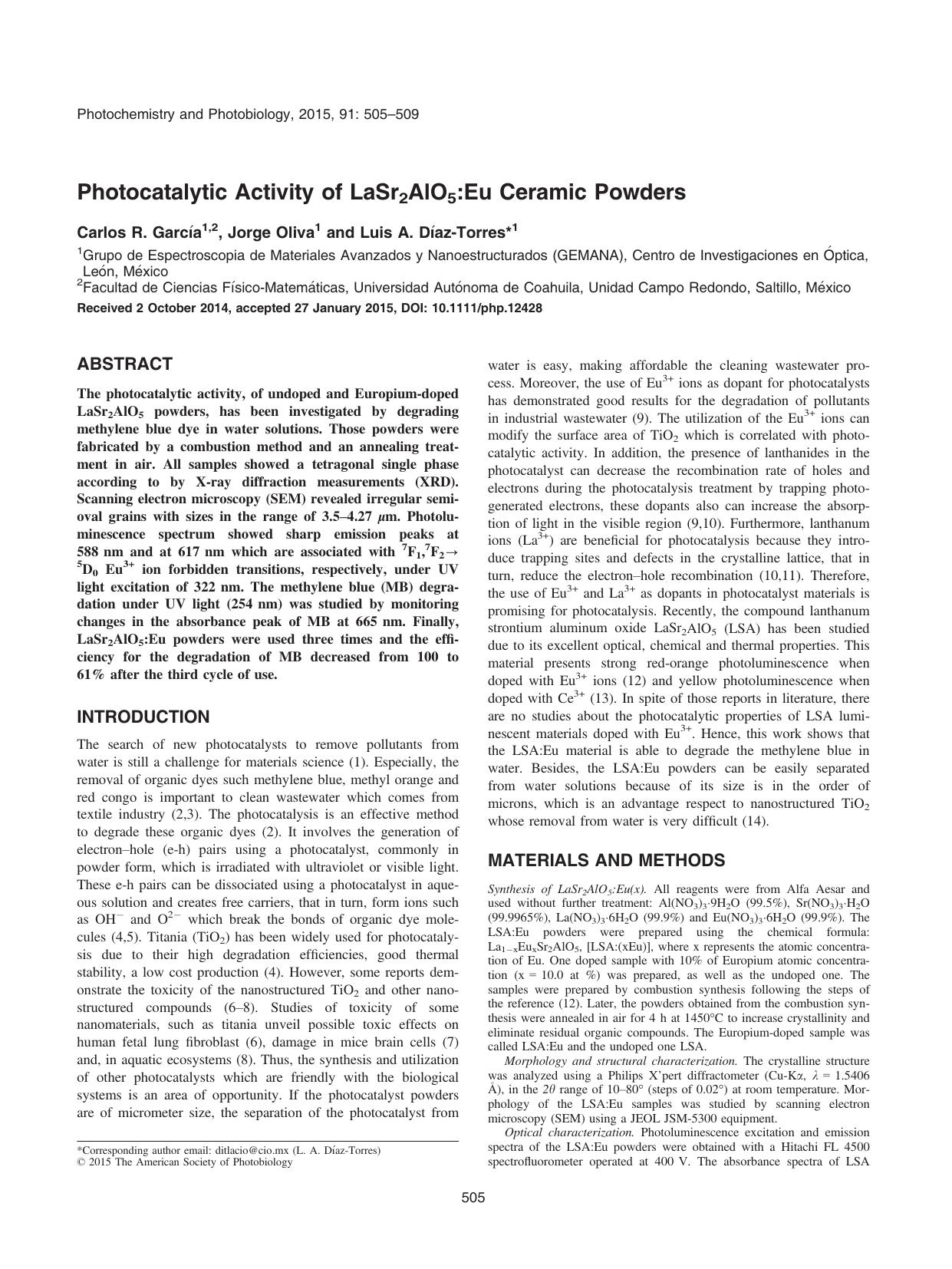Photocatalytic Activity of LaSr2AlO5:Eu Ceramic Powders by Unknown