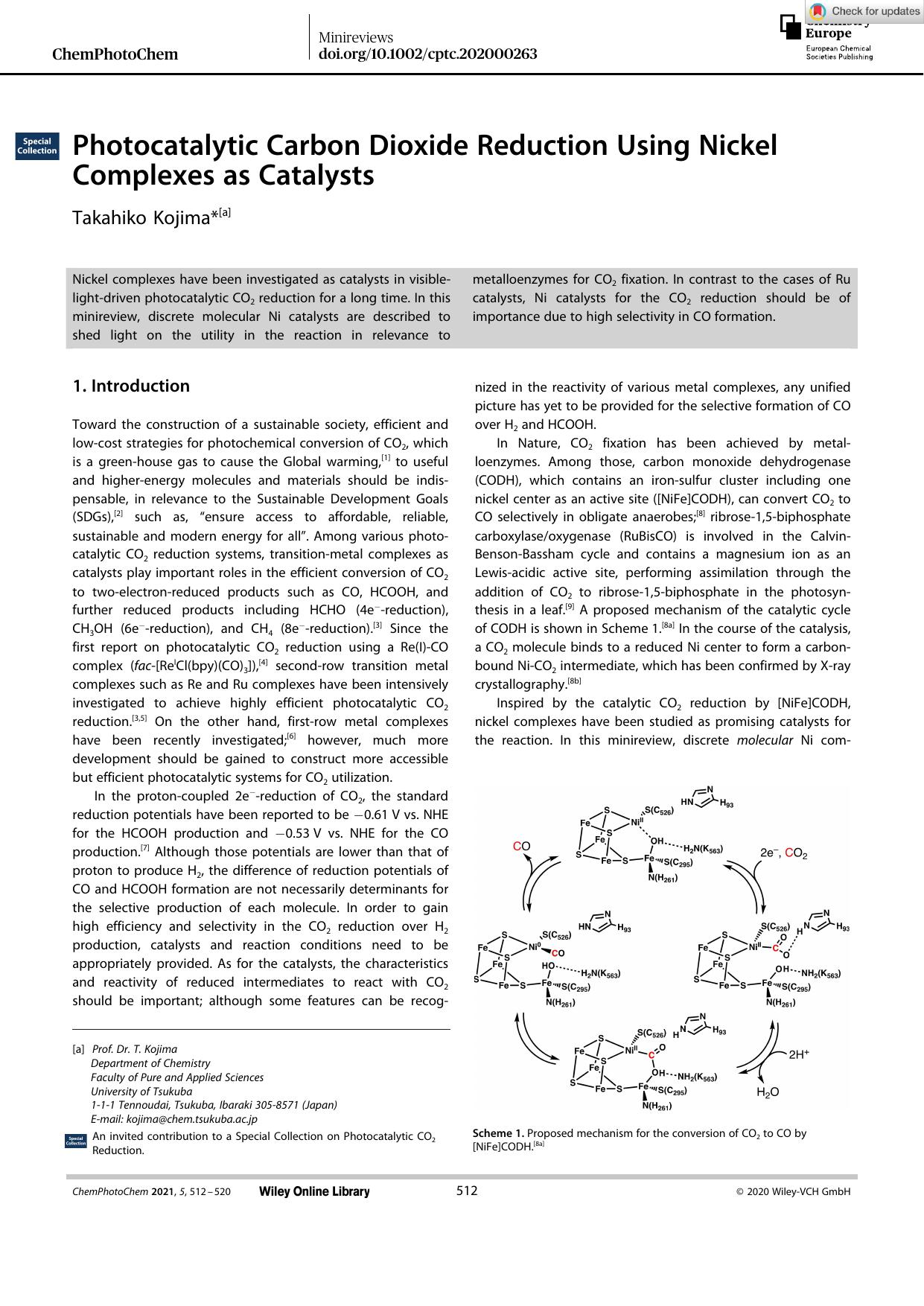 Photocatalytic Carbon Dioxide Reduction Using Nickel Complexes as Catalysts by Unknown