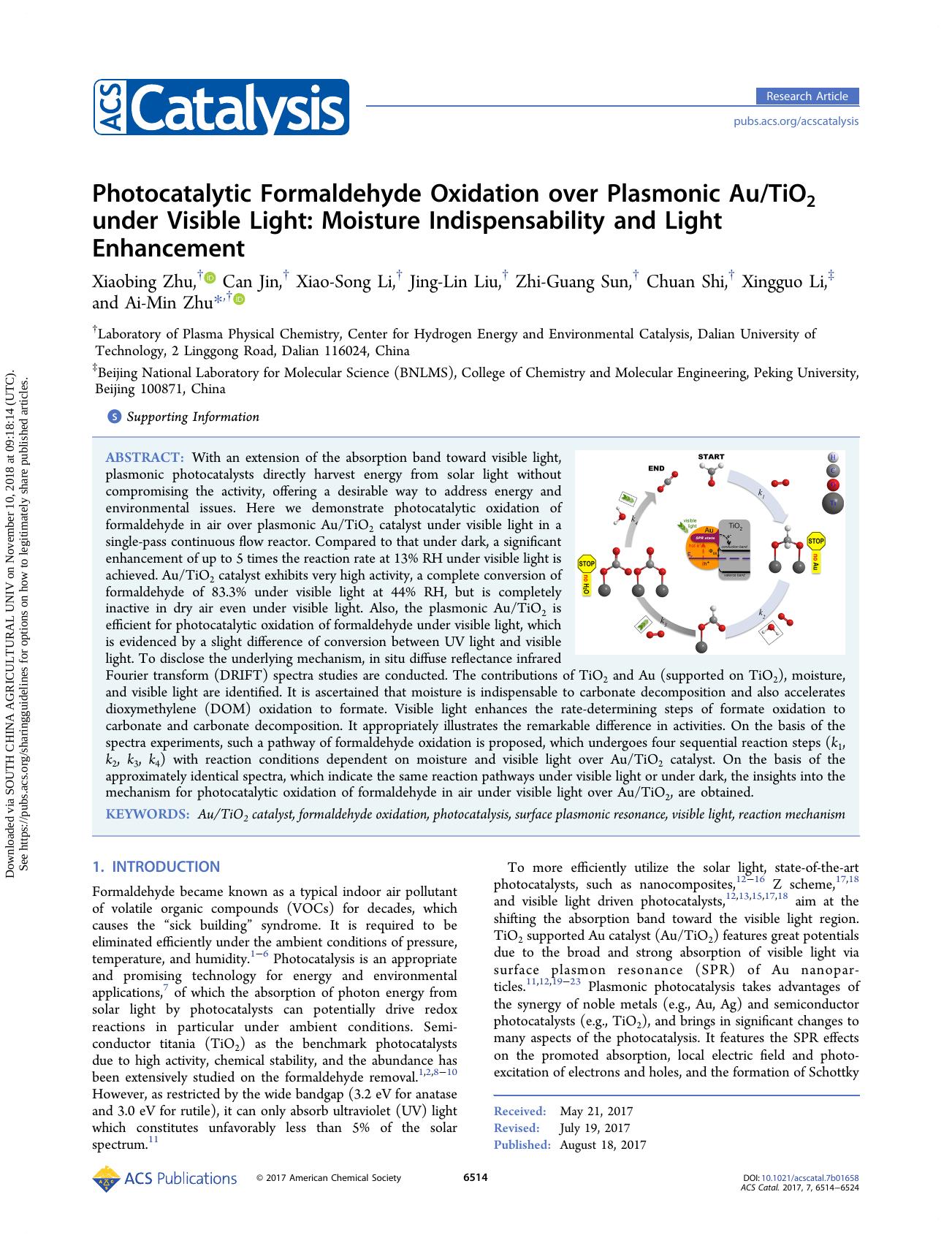 Photocatalytic Formaldehyde Oxidation over Plasmonic AuTiO2 under Visible Light: Moisture Indispensability and Light Enhancement by Xiaobing Zhu Can Jin Xiao-Song Li Jing-Lin Liu Zhi-Guang Sun Chuan Shi Xingguo Li & Ai-Min Zhu