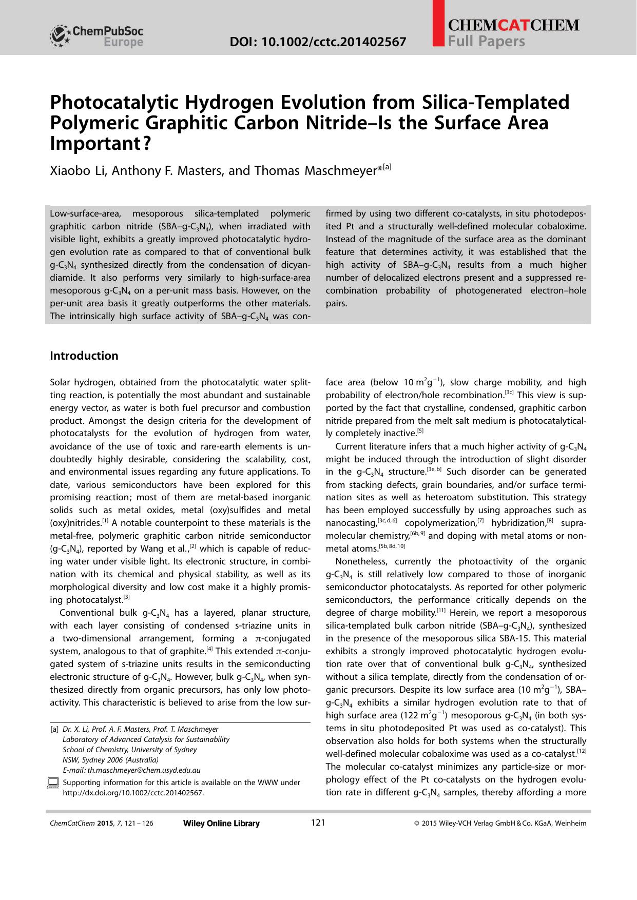 Photocatalytic Hydrogen Evolution from SilicaTemplated Polymeric Graphitic Carbon NitrideIs the Surface Area Important? by Unknown