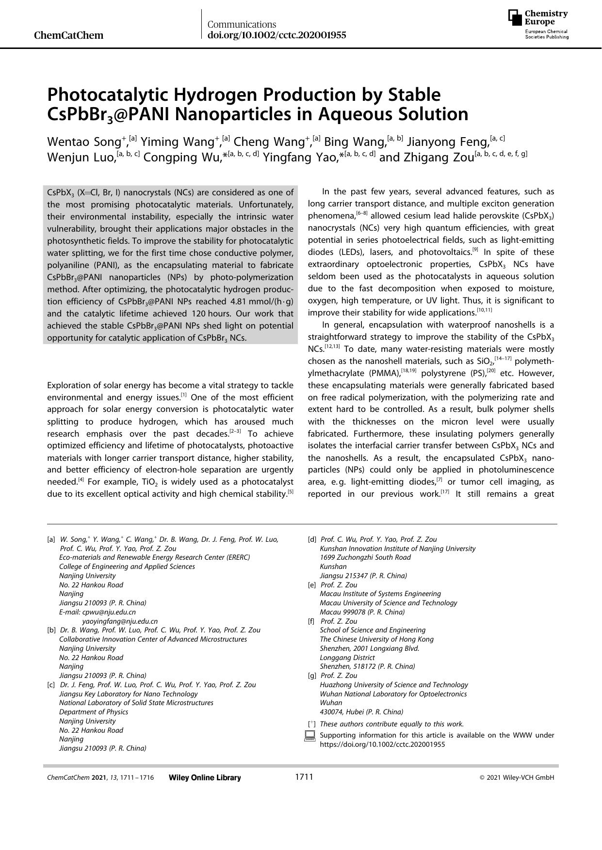Photocatalytic Hydrogen Production by Stable CsPbBr3@PANI Nanoparticles in Aqueous Solution by Unknown
