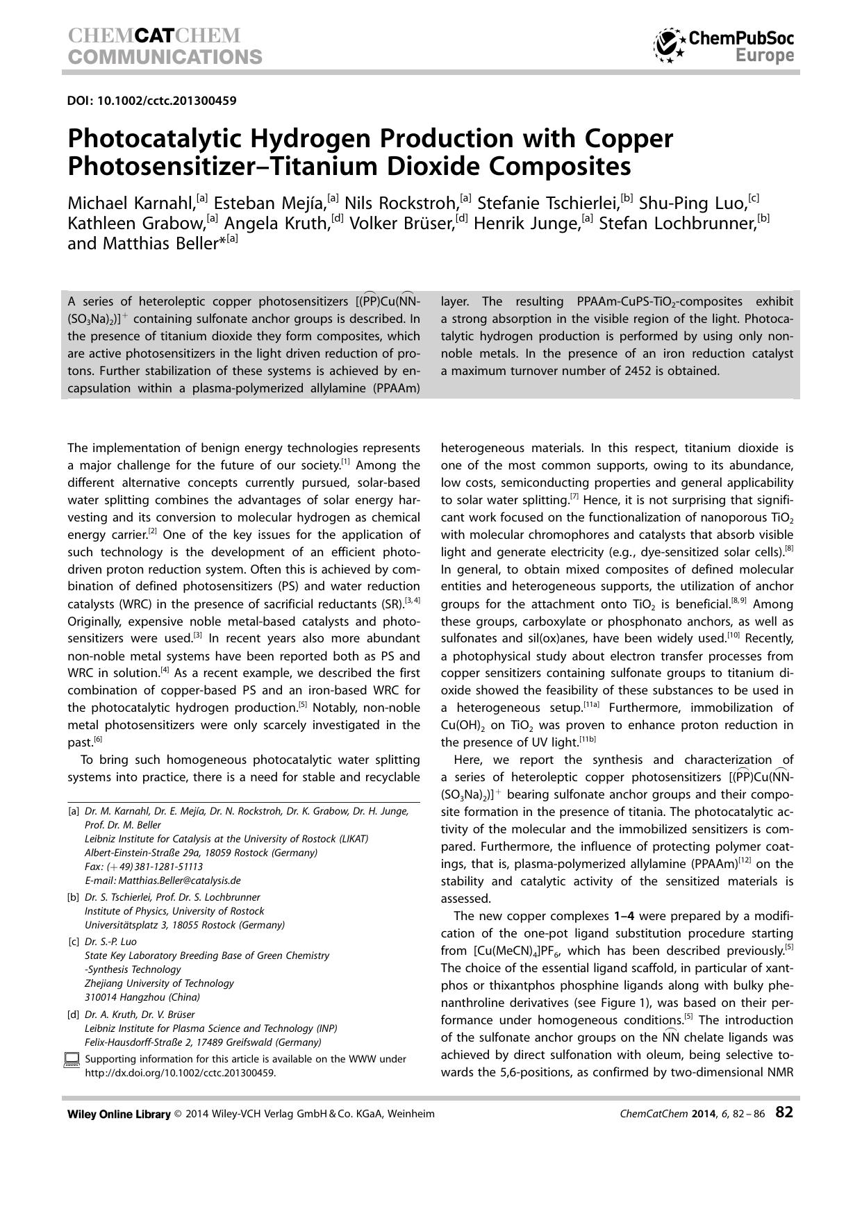 Photocatalytic Hydrogen Production with Copper PhotosensitizerTitanium Dioxide Composites by Unknown