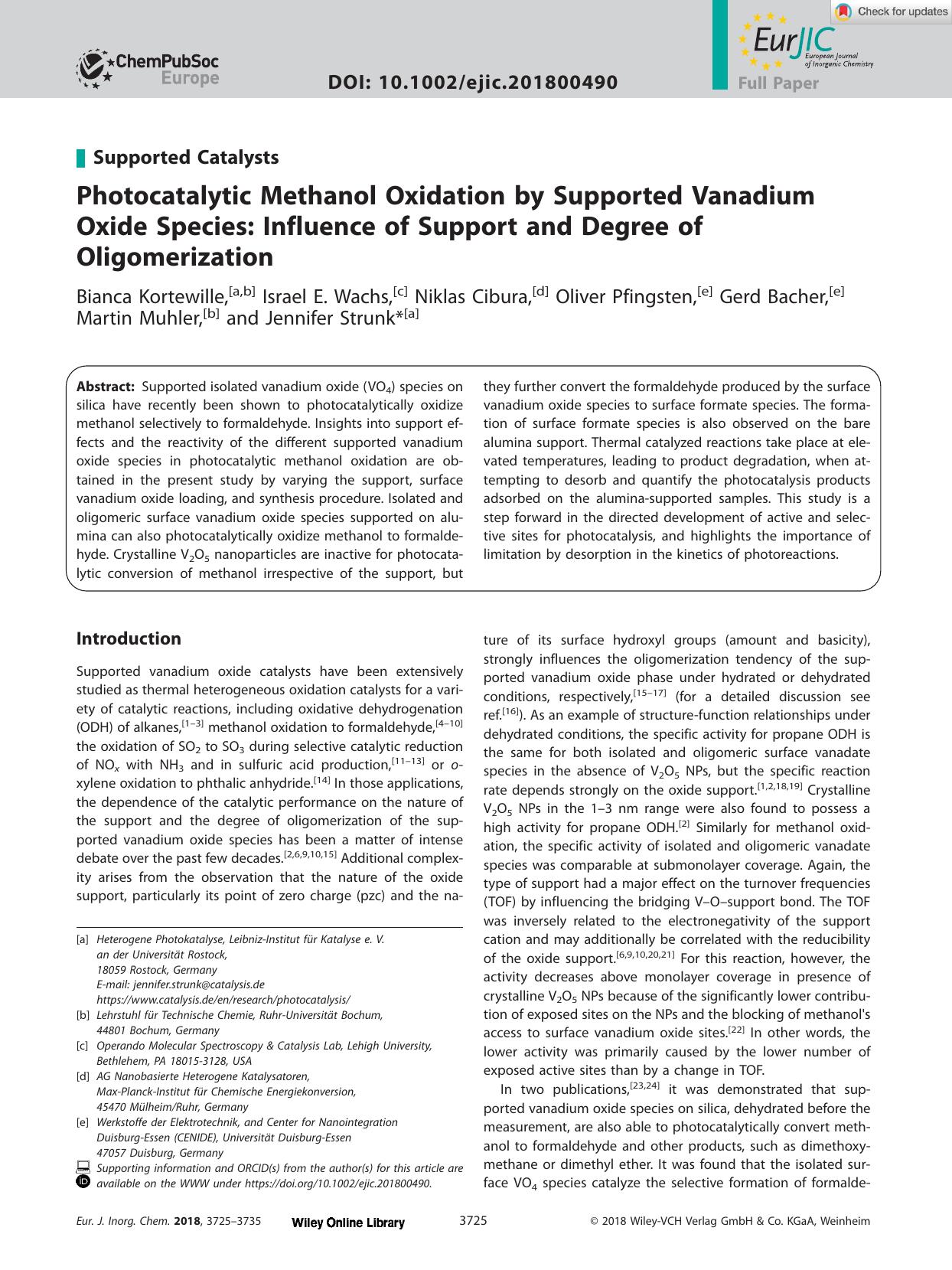 Photocatalytic Methanol Oxidation by Supported Vanadium Oxide Species: Influence of Support and Degree of Oligomerization by Unknown