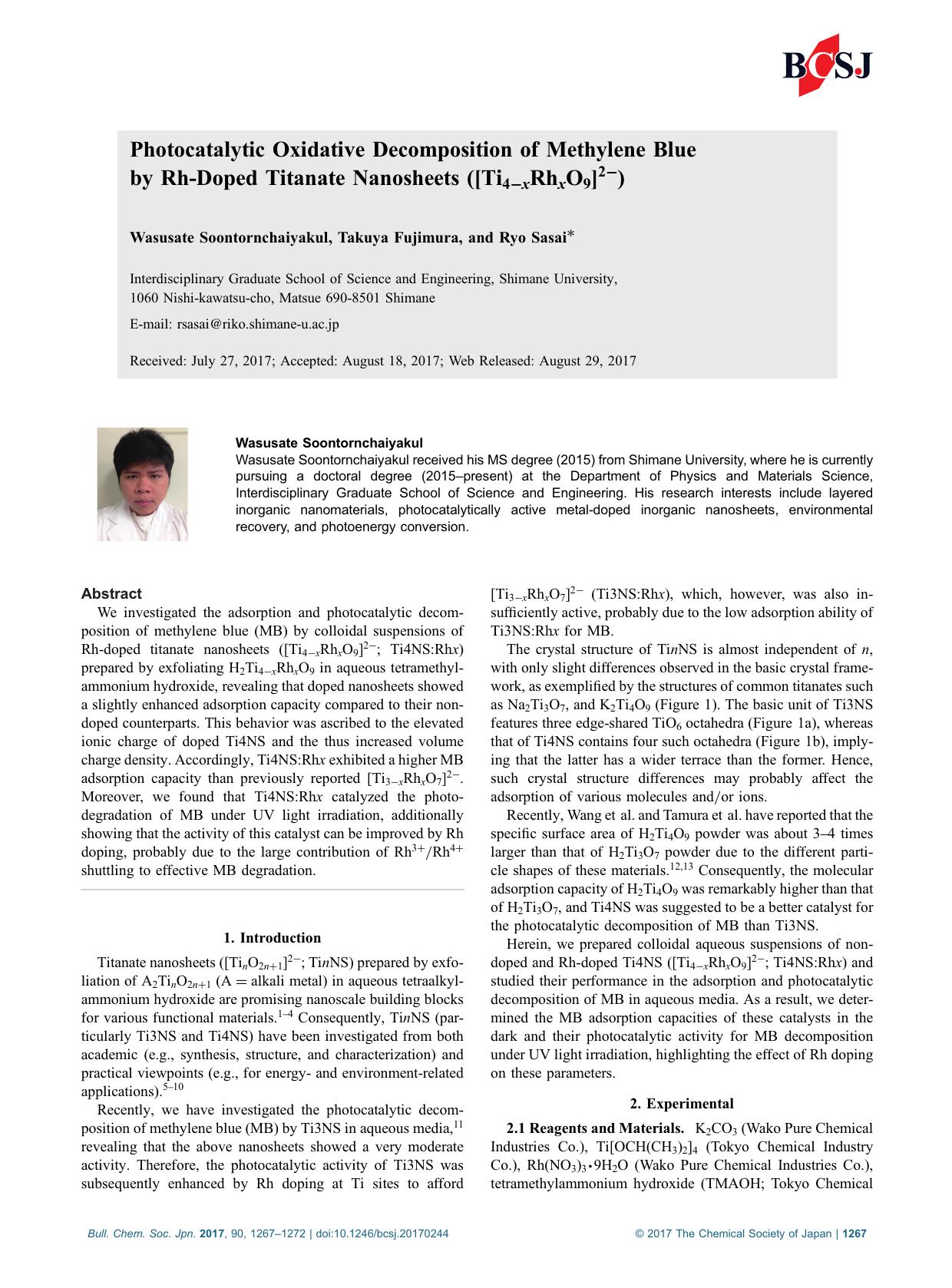Photocatalytic Oxidative Decomposition of Methylene Blue by Rh-Doped Titanate Nanosheets ([Ti4âxRhxO9]2â) by Unknown