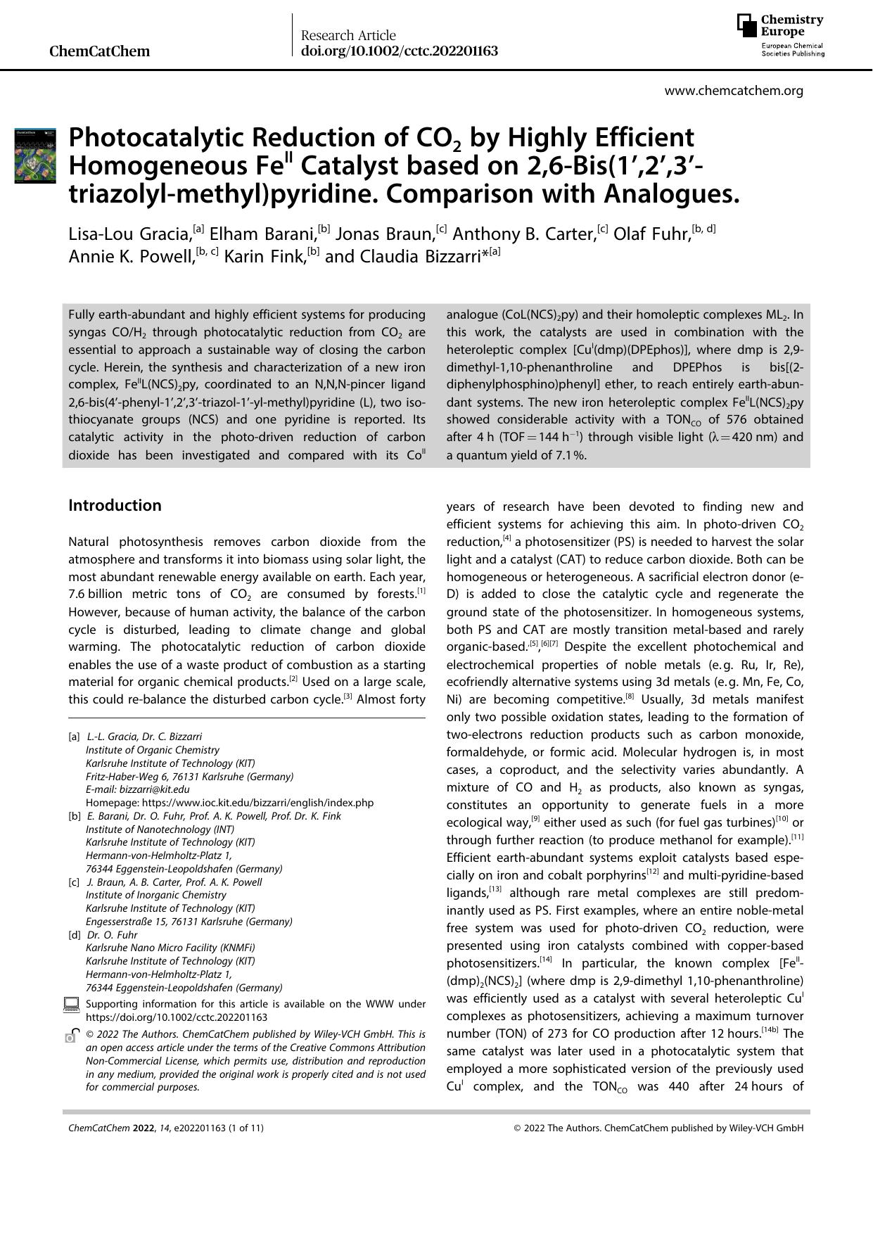 Photocatalytic Reduction of CO2 by Highly Efficient Homogeneous FeII Catalyst based on 2,6âBis(1â,2â,3ââtriazolylâmethyl)pyridine. Comparison with Analogues. by Unknown