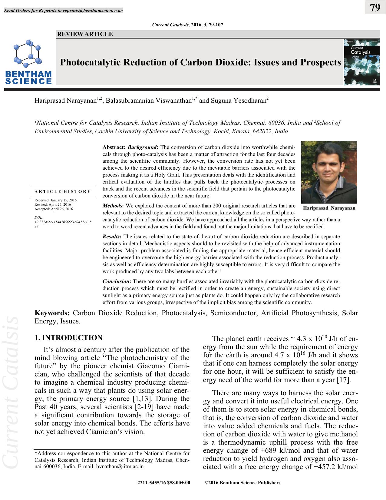 Photocatalytic Reduction of Carbon Dioxide: Issues and Prospects by Hariprasad Narayanan Balasubramanian Viswanathan and Suguna Yesodharan