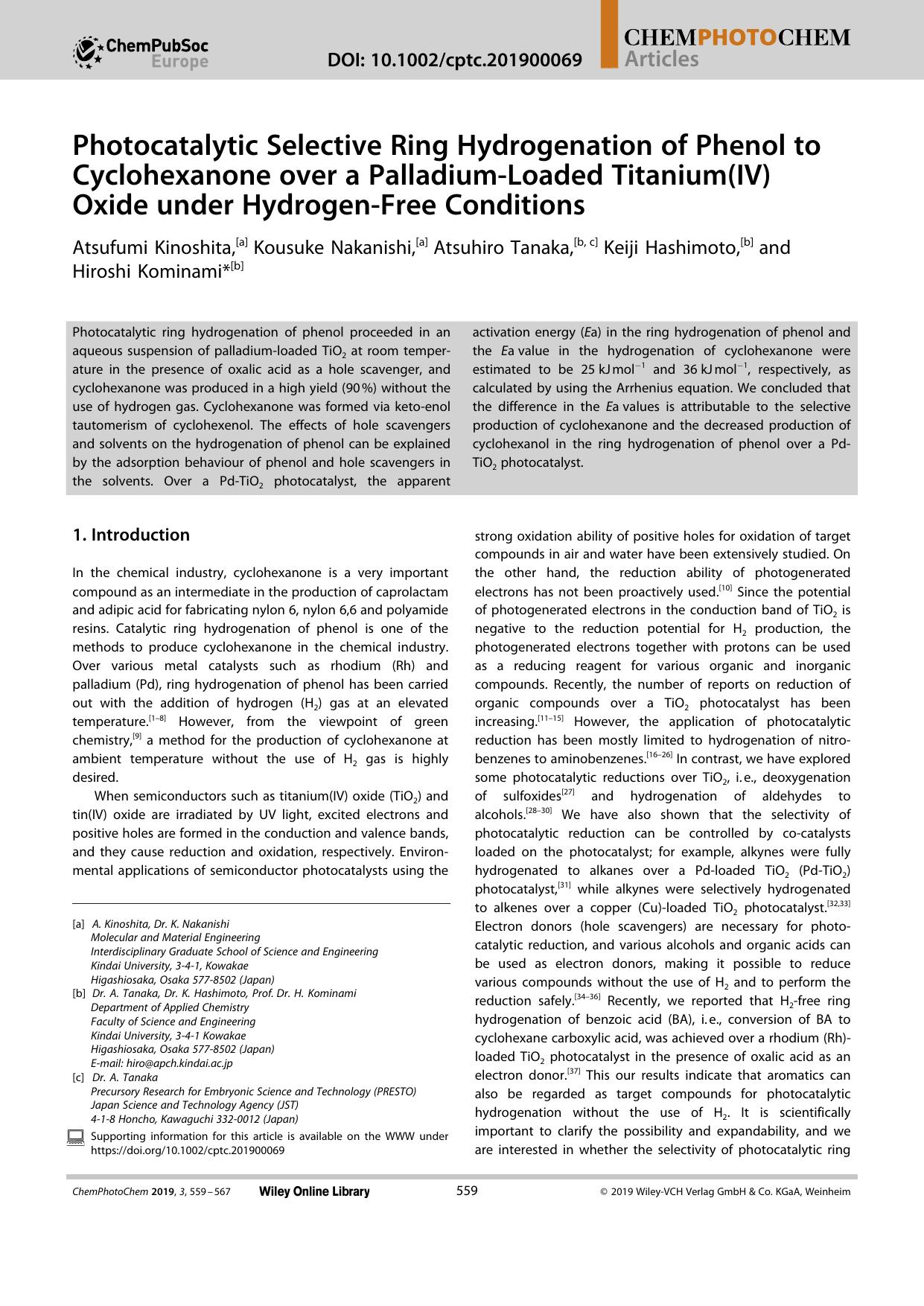 Photocatalytic Selective Ring Hydrogenation of Phenol to Cyclohexanone over a PalladiumâLoaded Titanium(IV) Oxide under HydrogenâFree Conditions by Unknown