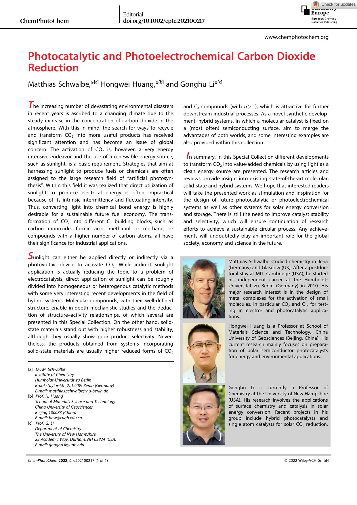 Photocatalytic and Photoelectrochemical Carbon Dioxide Reduction by Unknown