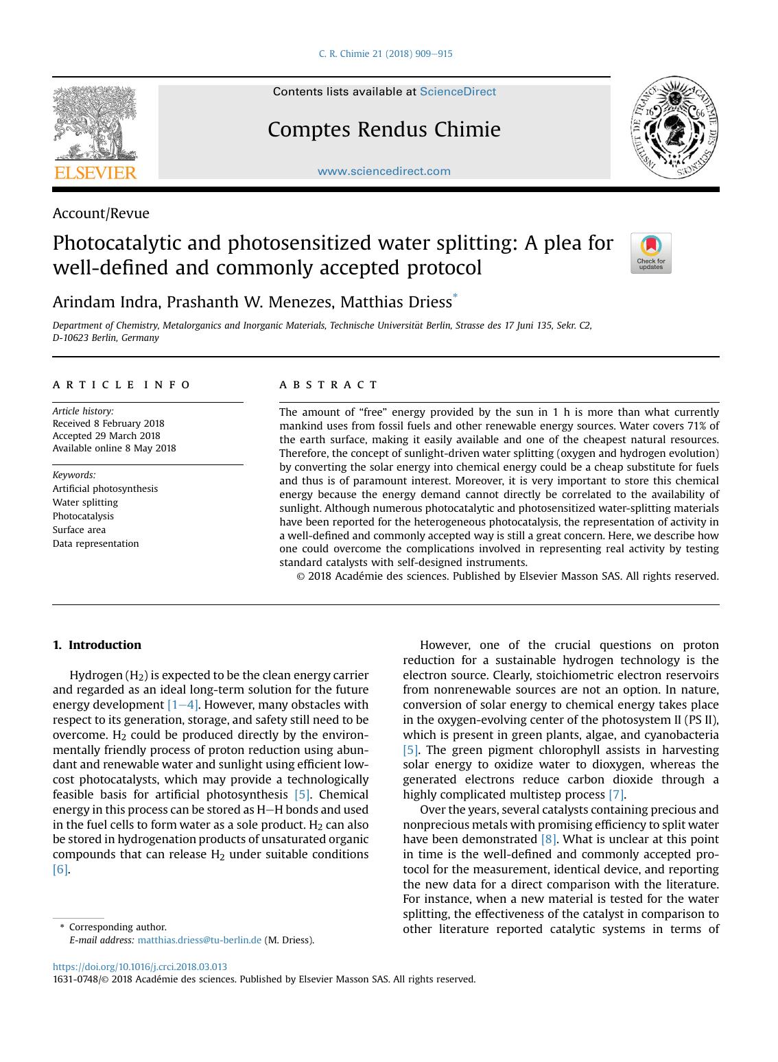 Photocatalytic and photosensitized water splitting: A plea for well-defined and commonly accepted protocol by Arindam Indra & Prashanth W. Menezes & Matthias Driess