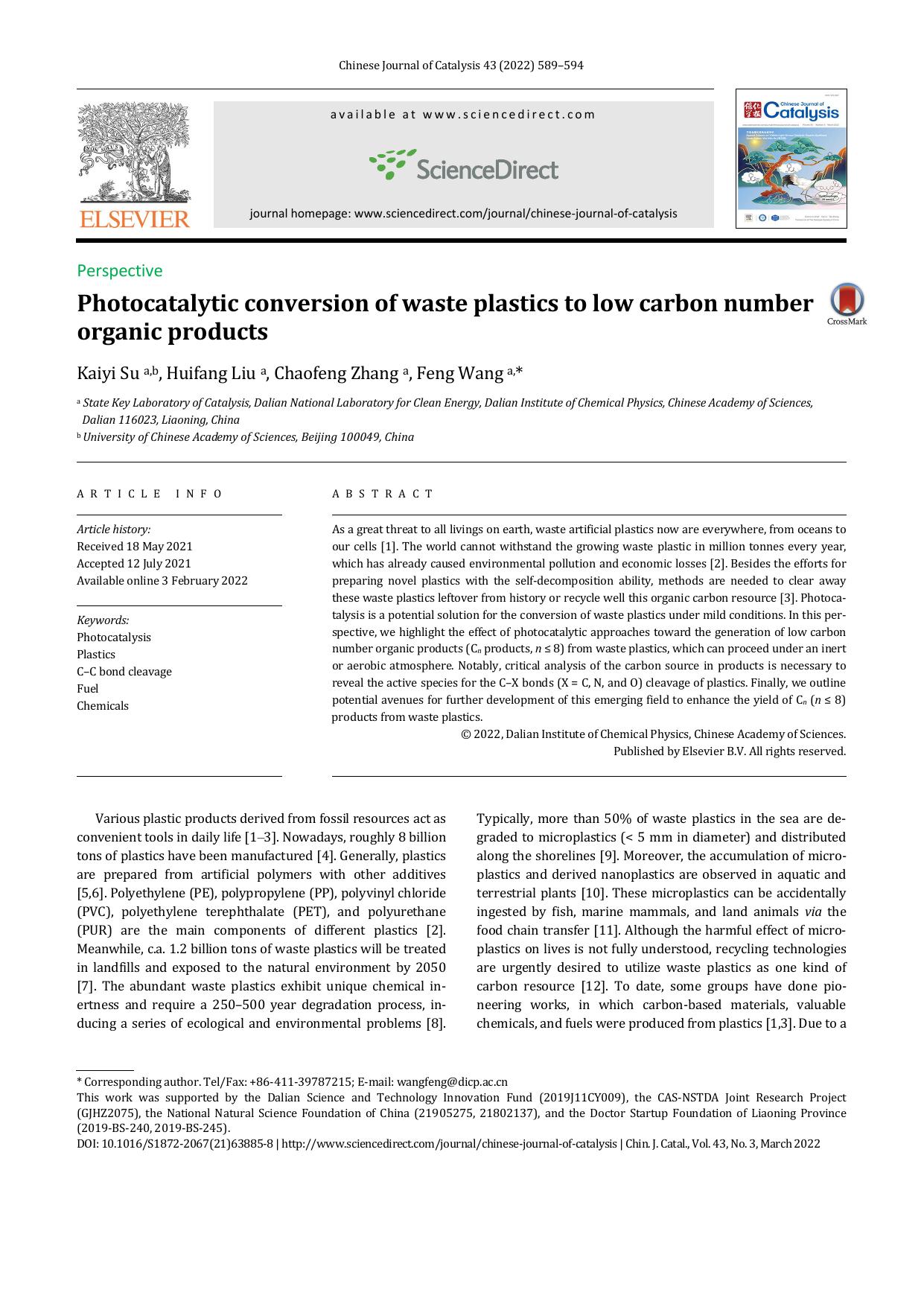 Photocatalytic conversion of waste plastics to low carbon number organic products by Kaiyi Su & Huifang Liu & Chaofeng Zhang & Feng Wang