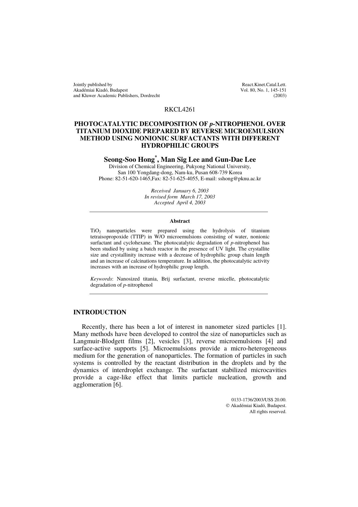 Photocatalytic decomposition of <Emphasis Type="Italic">p-<Emphasis>nitrophenol over titanium dioxide prepared by reverse microemulsion method using nonionic surfactants with diffe by Unknown