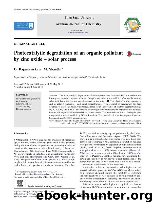 Photocatalytic degradation of an organic pollutant by zinc oxide Ã¢â¬â solar process by D. Rajamanickam & M. Shanthi