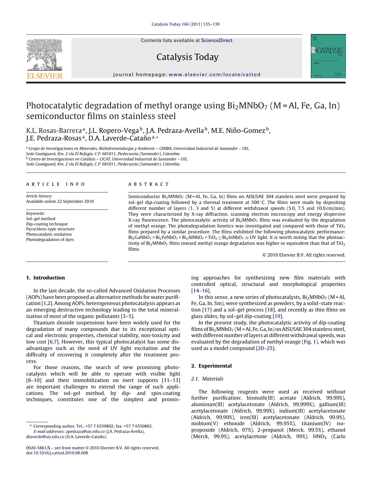 Photocatalytic degradation of methyl orange using Bi2MNbO7 (M=Al, Fe, Ga, In) semiconductor films on stainless steel by K.L. Rosas-Barrera