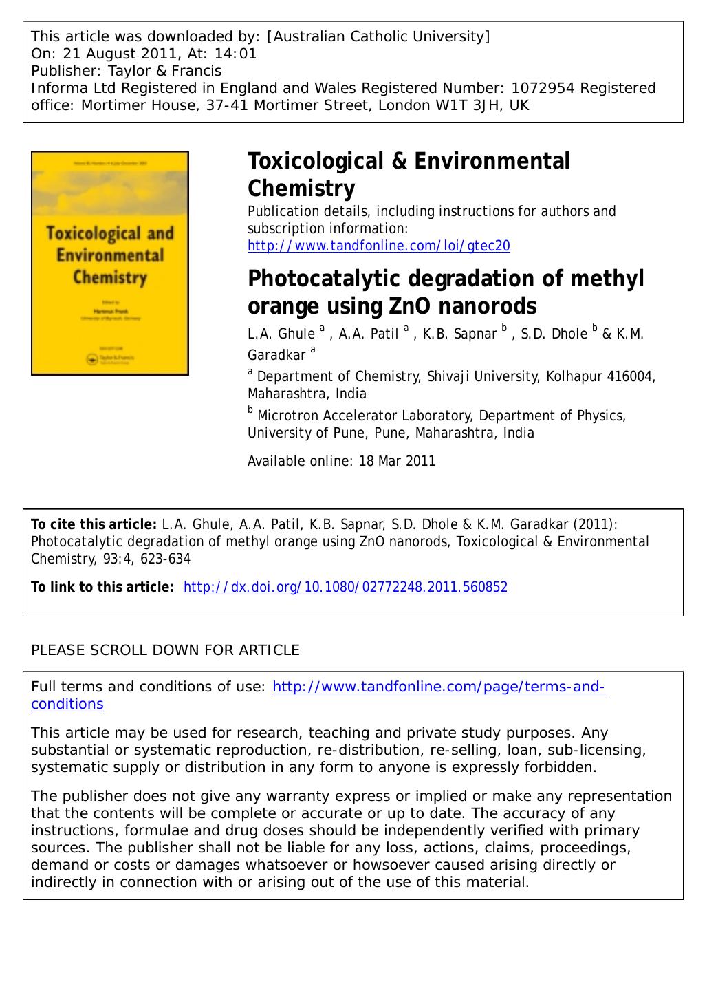 Photocatalytic degradation of methyl orange using ZnO nanorods by L.A. Ghule a A.A. Patil a K.B. Sapnar b S.D. Dhole b & K.M. Garadkar a *