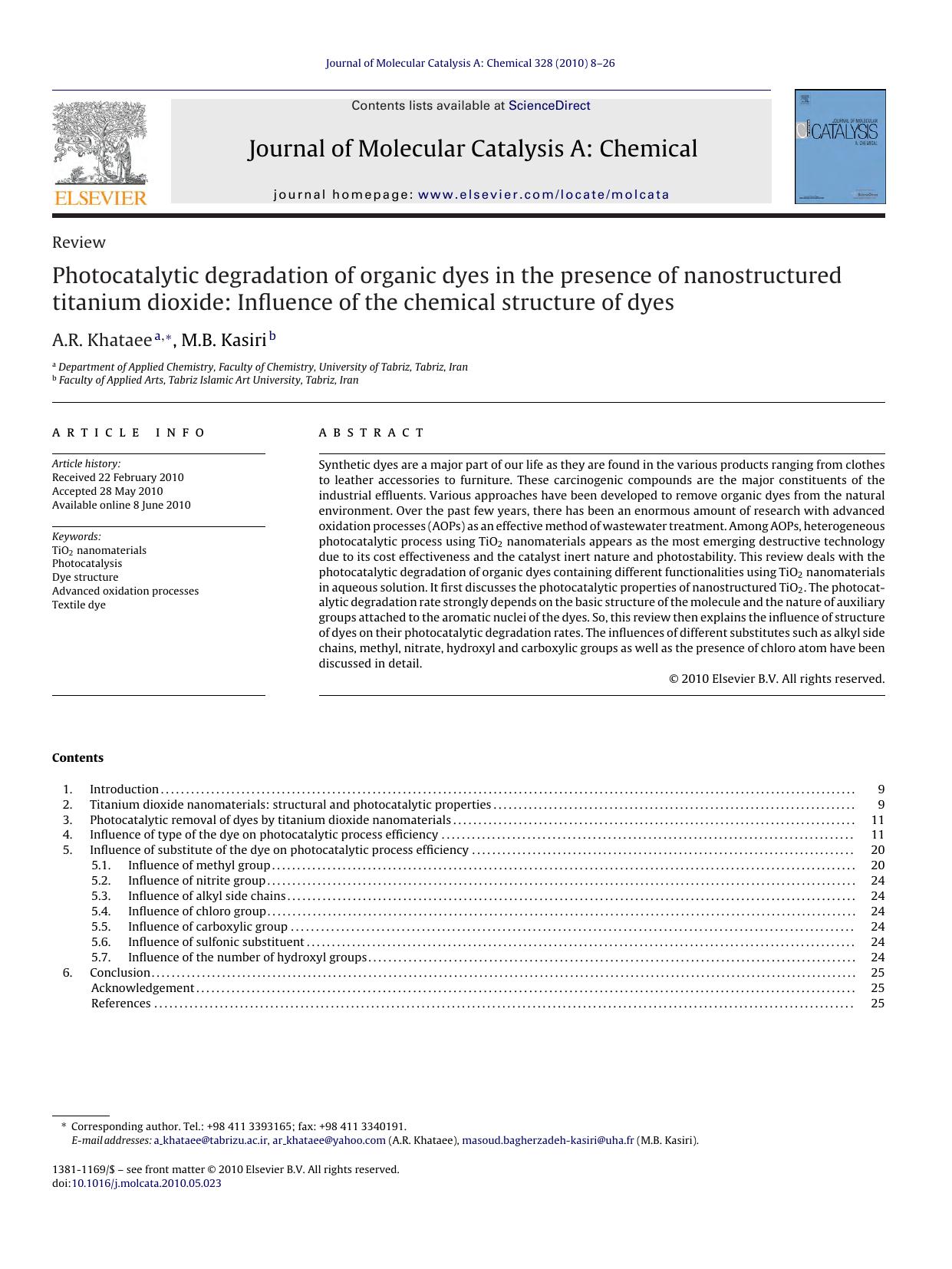 Photocatalytic degradation of organic dyes in the presence of nanostructured titanium dioxide: Influence of the chemical structure of dyes by A.R. Khataee