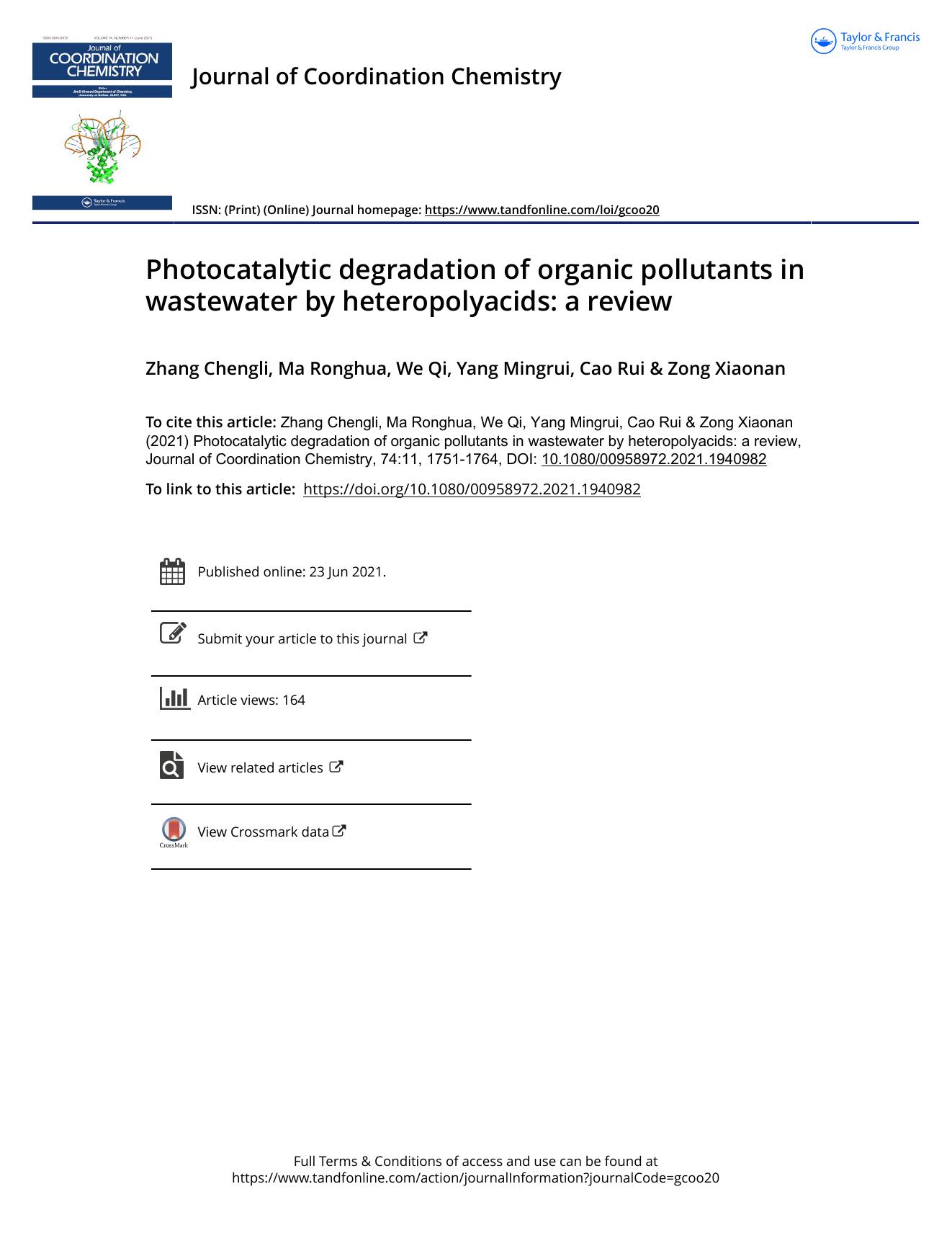 Photocatalytic degradation of organic pollutants in wastewater by heteropolyacids: a review by Chengli Zhang & Ronghua Ma & Qi We & Mingrui Yang & Rui Cao & Xiaonan Zong