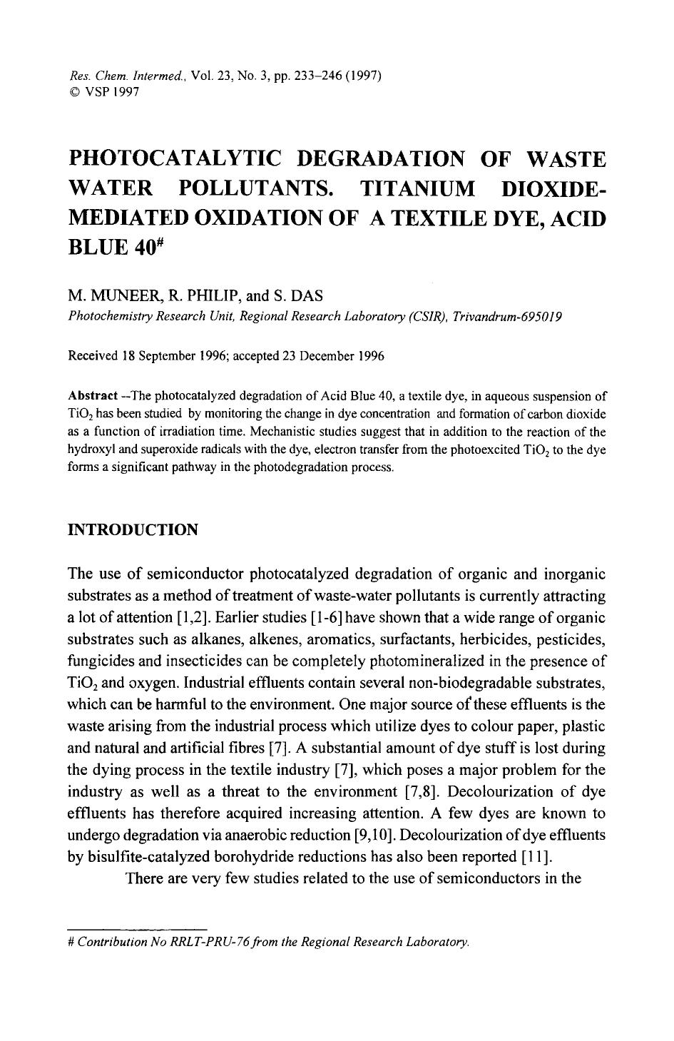 Photocatalytic degradation of waste water pollutants. Titanium dioxidemediated oxidation of a textile dye, Acid Blue 40 by Unknown
